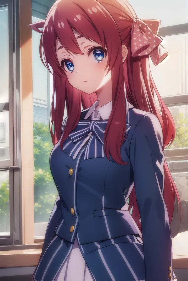 sakuraminamoto, <lora:sakura minamoto s2-lora-nochekaiser:1>,
sakura minamoto, blue eyes, long hair, red hair, one side up, hair bow, green bow, red bow, ahoge, polka dot, polka dot bow,
BREAK bowtie, long sleeves, school uniform, serafuku, skirt, white skirt,
BREAK indoors, classroom,
BREAK looking at viewer, (cowboy shot:1.5),
BREAK <lyco:GoodHands-beta2:1>, (masterpiece:1.2), best quality, high resolution, unity 8k wallpaper, (illustration:0.8), (beautiful detailed eyes:1.6), extremely detailed face, perfect lighting, extremely detailed CG, (perfect hands, perfect anatomy),