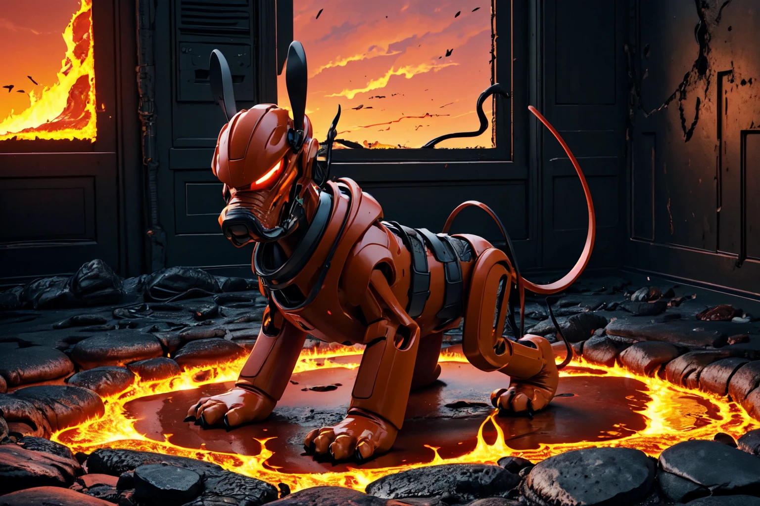 ((in hell, lava, red sky, burning)),  highres, ultra detailed, sharpen picture, Highly detailed, masterpiece, best quality, no human
 <lora:plutoLoRA:0.9> collar, pokemon (creature), no humans, dog, tail, animal ears, rabbit ears,  <lora:Sci-fi_style:0.8>armor, ground vehicle, helmet, holding, hoodie, indoors, male focus, power armor, science fiction, solo, sword, weapon