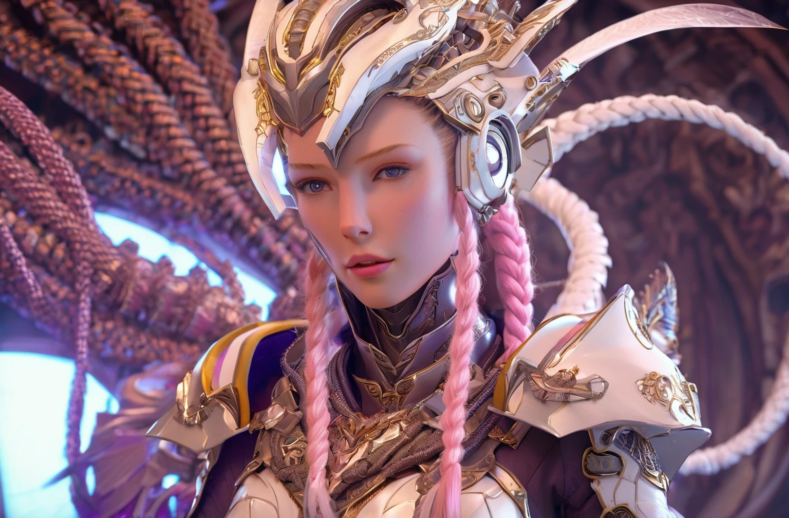 concept art FN Concept, Concept map, film and television special effects concept, cyber technology, ultra high definition face, describe this image in a very detailed manner. a female character from 'love, her white, armored suit adorned with intricate details and a helmet featuring a visor. her hair is styled in a braided ponytail, and her expression is one of contemplation. the scene is bathed in a palette of blues and purples, with a hint of red, creating a mood of serene anticipation.<lora:FN_concept-000010:1>, . digital artwork, illustrative, painterly, matte painting, highly detailed