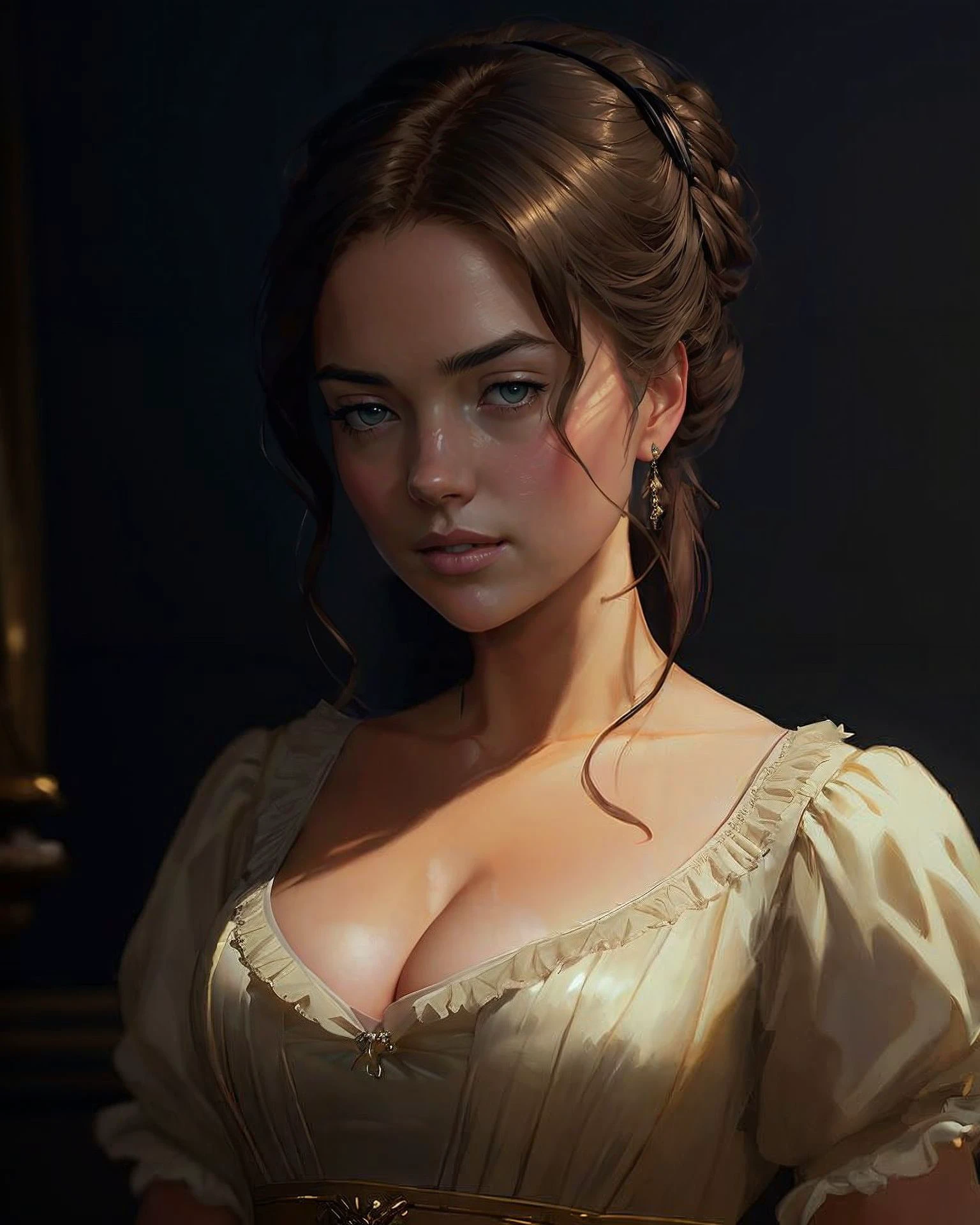 photo of sexy kate upton, regency period dress, outdoors, art by smoose, (extremely detailed CG unity wallpaper), ArtStation, CGSociety, Intricate, High Detail, Sharp focus, digital painting, concept art, portrait of denise richards in a regency period dress, professional majestic oil painting by Ed Blinkey, Atey Ghailan, Studio Ghibli, by ((Jeremy Mann)), Greg Manchess, Antonio Moro, (((ArtStation))), CGSociety, volumetric lighting, dramatic lighting, rim lighting <lora:noise-offset:1> <lora:Regency_Period_SD1.5:0.7>