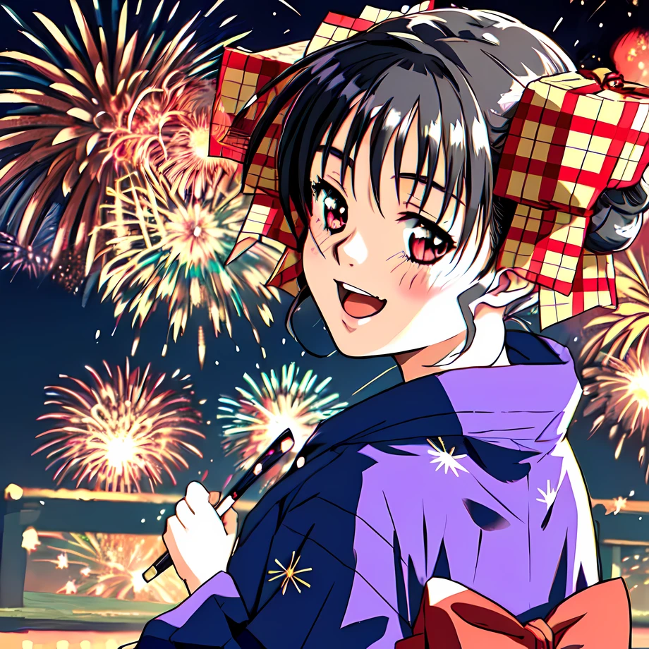 <lora:narusawa_v2:0.8>,narusawa,1girl,super fine illustration,masterpiece,best quality,blush,smile,open mouth,japanese clothes,;d,> <, yukata, fireworks, sparkler,looking_back,