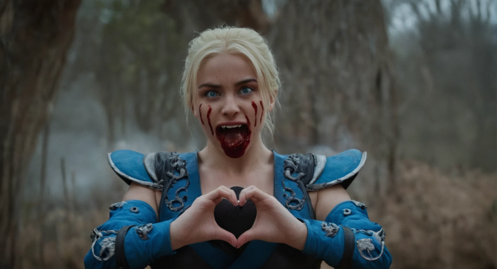 cinematic film still of <lora:Mortal Kombat style:1>
Mortal Kombat style, fictional universe consisting of numerous realms, a woman doing Heart Hands emoji in a heart shaped bloody hole while staring at camera,1girl,solo,looking at viewer,open mouth,blue eyes,blonde hair,heart,teeth,claws,monster,heart hands , Live-action, white sclera eyes, muscular, fitness, fighters, Action-adventure, brutal and gruesome, Mortal Kombat style, mk style, shallow depth of field, vignette, highly detailed, high budget, bokeh, cinemascope, moody, epic, gorgeous, film grain, grainy