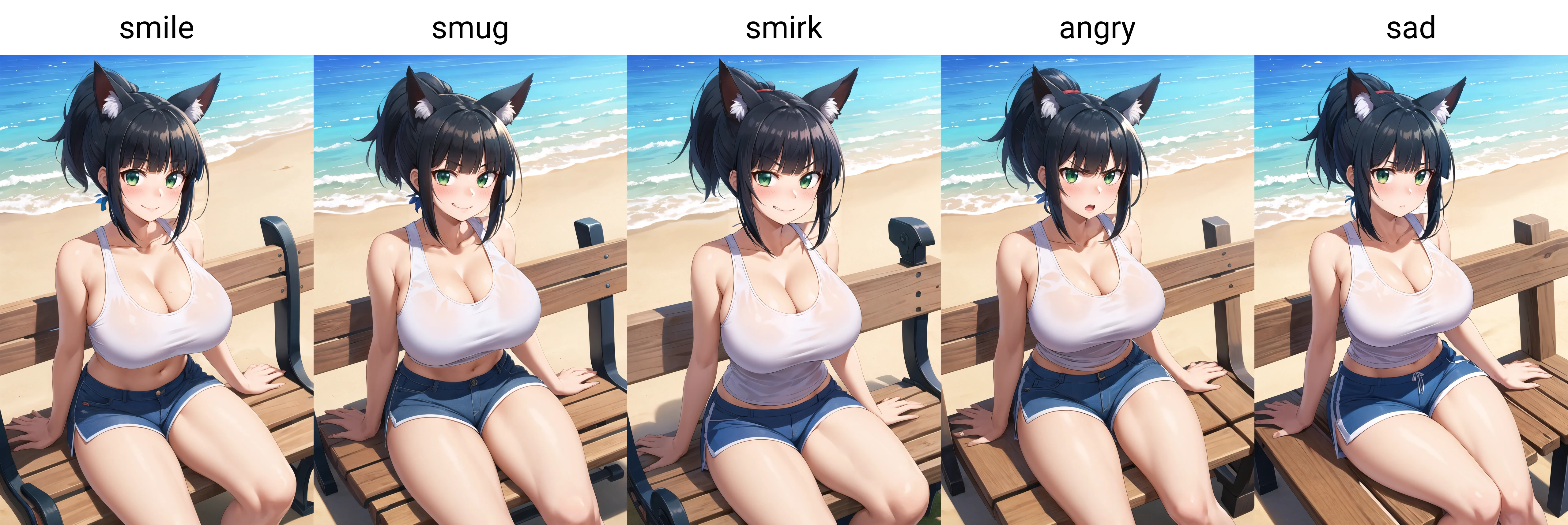 masterpiece, best quality, 1girl, solo, sitting, on bench, outdoors, beach, tank top, (white tank top:1.2), (black hair:1.2), green eyes, (smile), ponytail, blunt bangs, short hair, huge breasts, blue shorts, fox ears, <lora:mizunashi-Style_1290432:1>