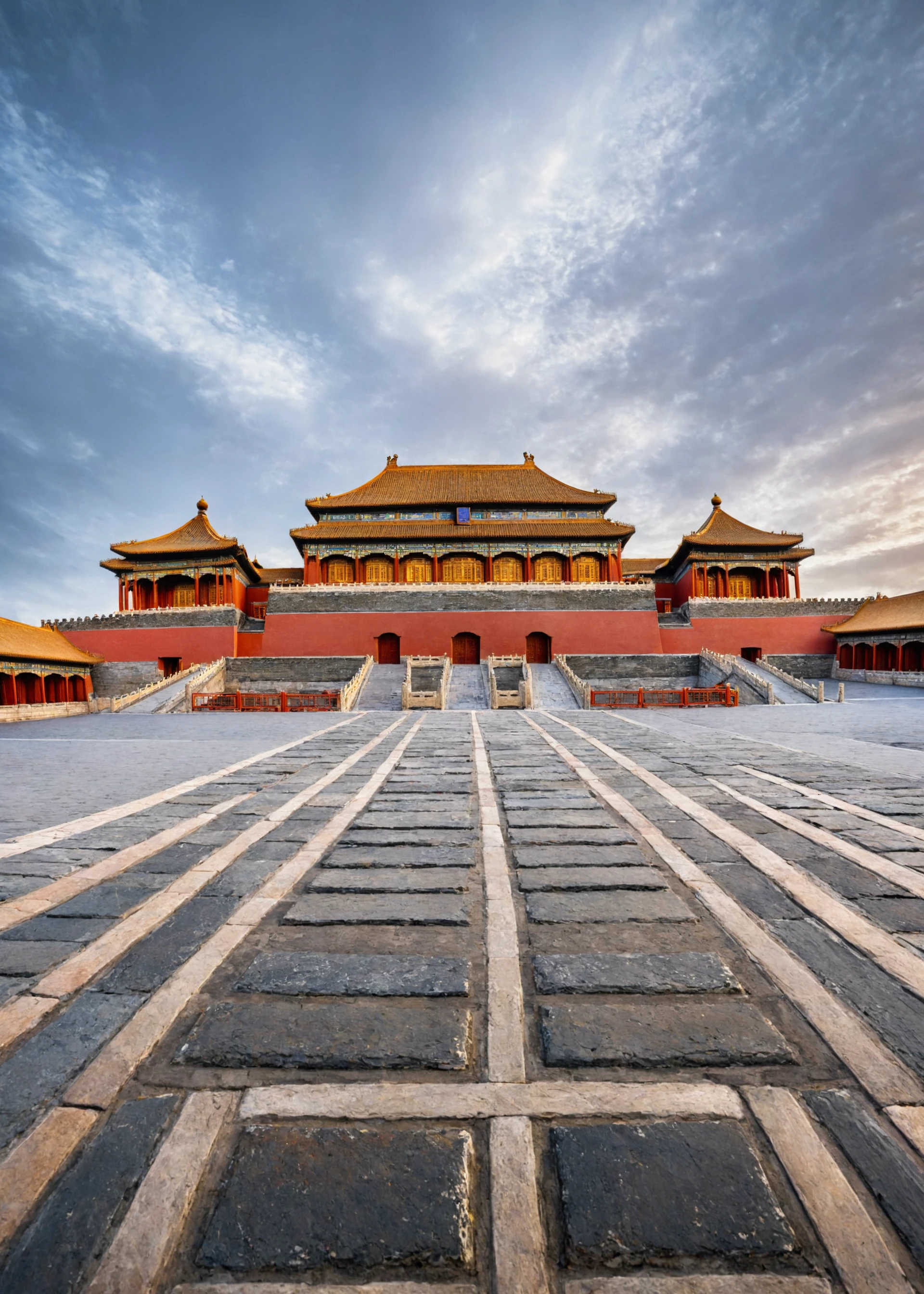 <lora:æ
宫:1>,The Forbidden City,no humans,
The image showcases a grand architectural complex, possibly a temple or palace, situated in an expansive courtyard. The buildings are adorned with intricate golden detailing, and the central structure has multiple tiers. The sky above is clear with a soft hue, suggesting either dawn or dusk. The ground is paved with gray stones, and there are decorative railing along the sides of the courtyard. A bridge connects two parts of the complex, and the overall scene exudes a sense of serenity and historical significance., masterpiece, best quality,