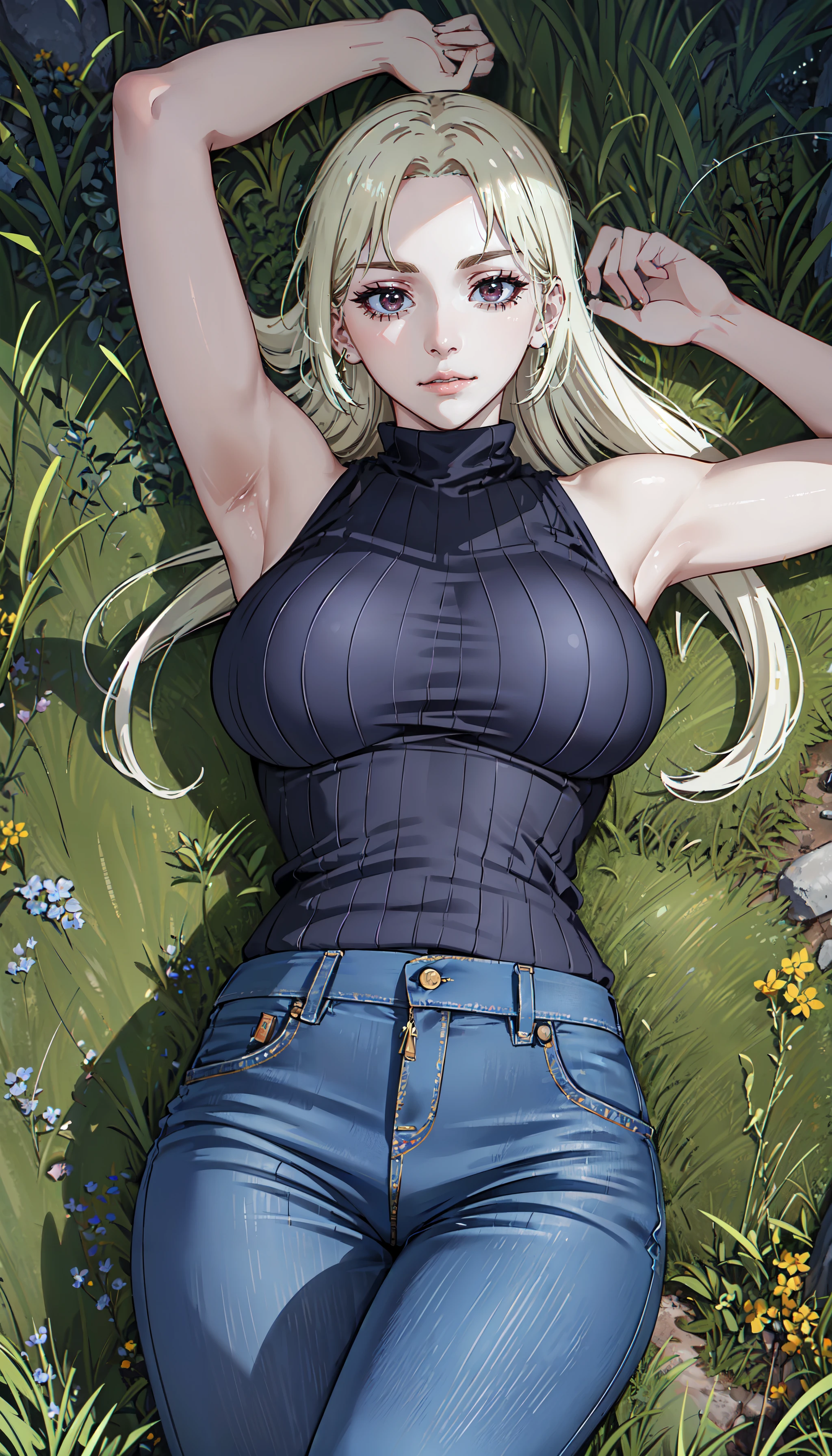 photorealistic, (4k), depth of field, (Masterpiece), (realistic skin texture), extremely detailed, intricate, hyper detailed, professional photography, bokeh, high resolution, sharp detail, best quality, woman, long hair, blonde hair, brown eyes, black top, turtleneck, sleeveless, jeans, <lora:GoodHands-vanilla:0.4>, <lora:detail_slider_v4:0.8> , dynamic pose, (lying in the grass, facing forward), , <lora:Yuki Tsukumo-000004:0.8>
