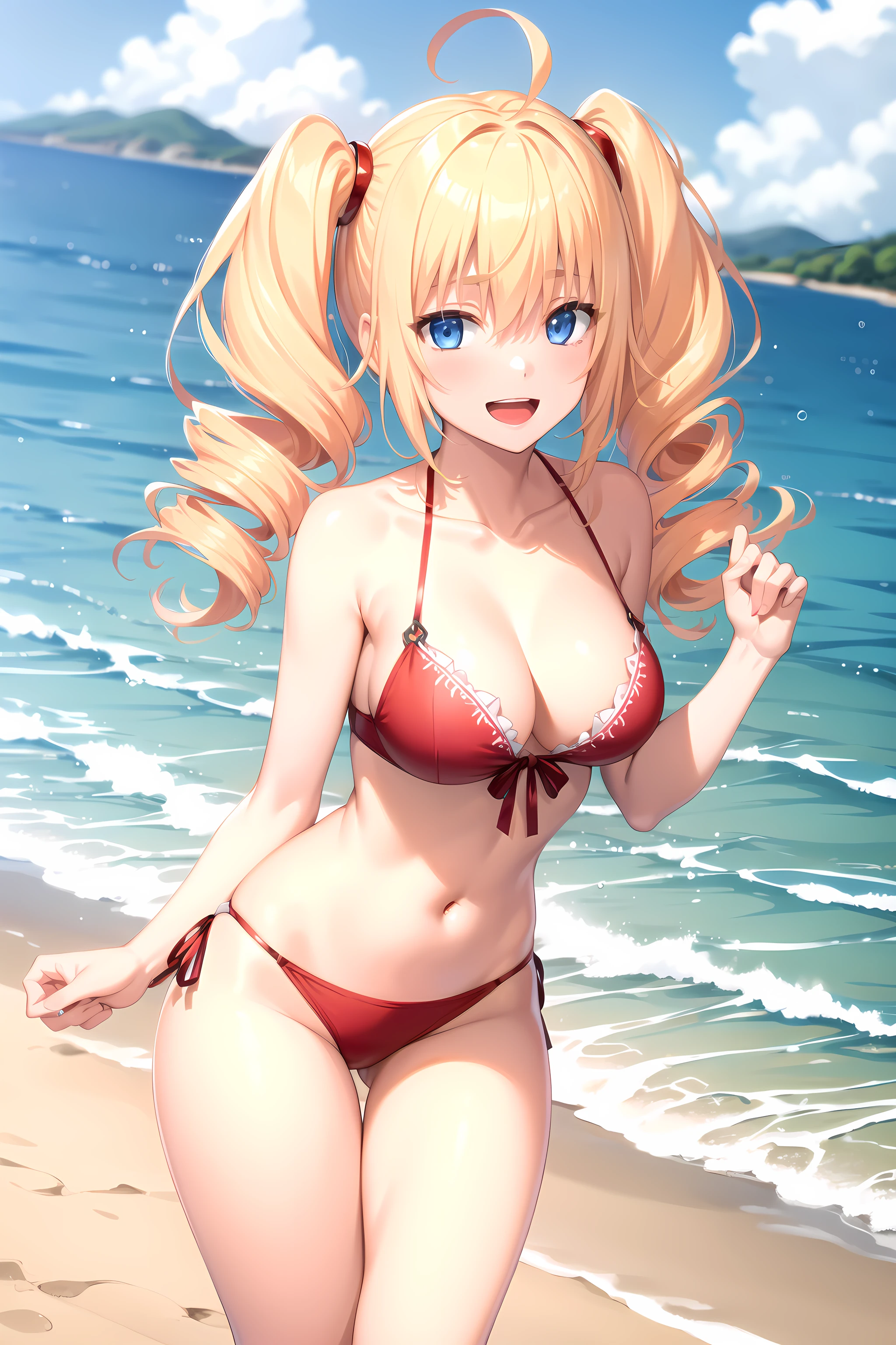 best quality, masterpiece, detailed,
<lora:HighSchoolDxD_PhenexRavel:0.8>, PhenexRavel,
1girl, open mouth, smile,
blonde hair, blue eyes, twintails, drill hair, hair scrunchie, ahoge,
medium breasts, red bikini, halterneck,
looking at viewer,
beach, water, palm