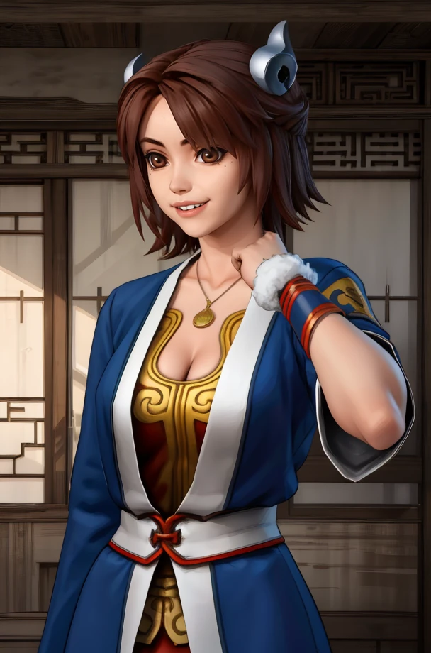 SuiLin,brown eyes,brown hair,short hair,hair ornament,
blue robes,necklace,cleavage,light smile,looking at viewer,
standing,upper body,blue legwear,cotton wristband,
Chinese village,morning,
(insanely detailed, beautiful,masterpiece, best quality) solo,<lora:SuiLin:0.8>,
