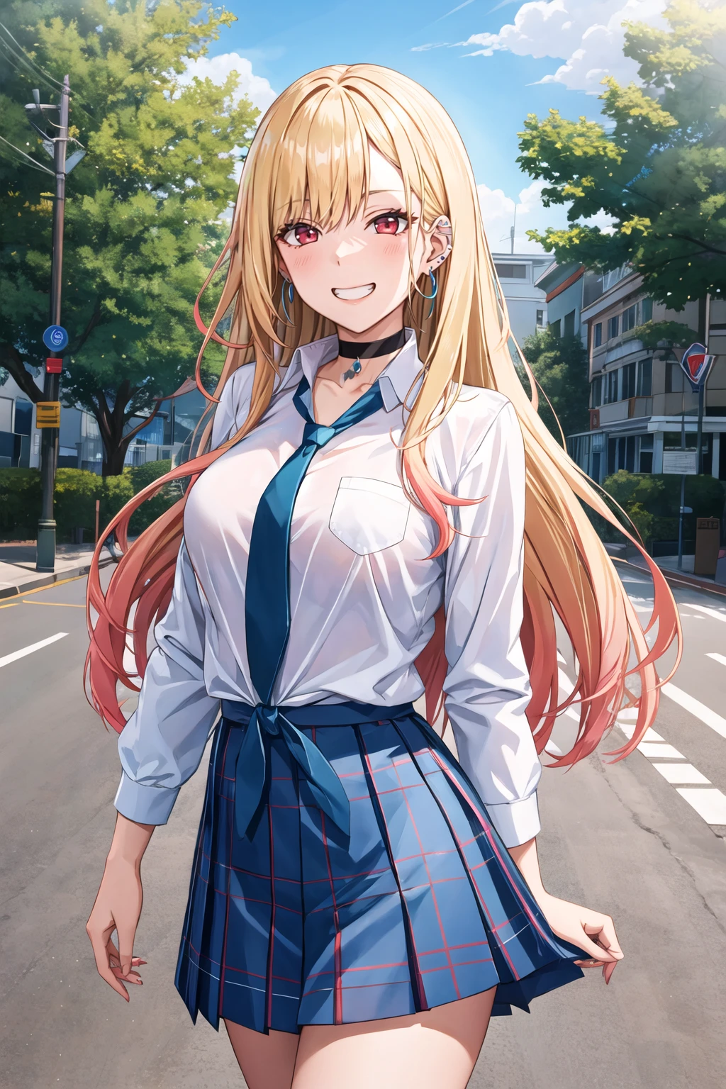 masterpiece, best quality, highres, kitagawa marin, 1girl, blonde hair, long hair, multicolored hair, red eyes, jewelry, earrings, piercing, school uniform, white shirt, tied shirt, black choker, blue necktie, plaid skirt, <lora:kitagawa_marin_v1-1:0.7>, grin, smile, standing, cowboy shot, outdoors, blue skirt <lora:Siu-Locon-style:1>