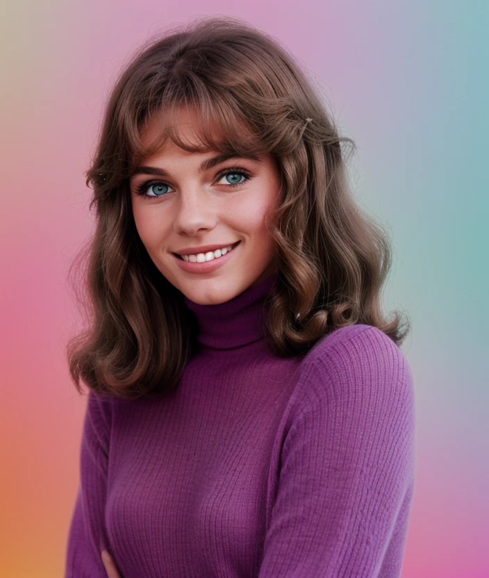 j3c1b1 ,colorfull background, 60s style, cotton hair, dreamy effect, smile, upper body , Turtleneck, Ultra-HD-details