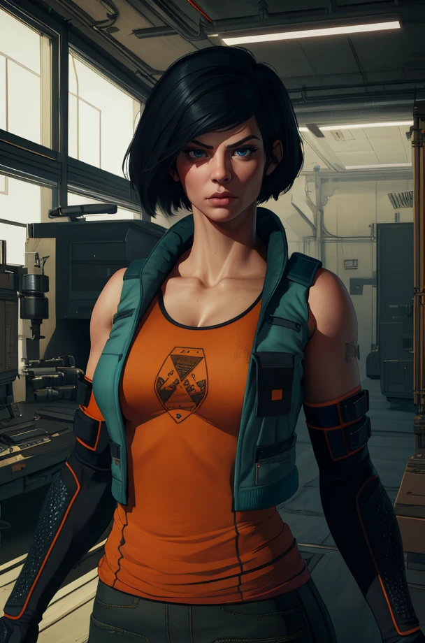 shen. blue eyes,short hair,black hair,
serious,
elbow gloves,green vest,orange shirt,
standing,upper body,
science fiction,secret base,indoors,
(insanely detailed, beautiful ,masterpiece, best quality) solo,<lora:shen:0.8>,