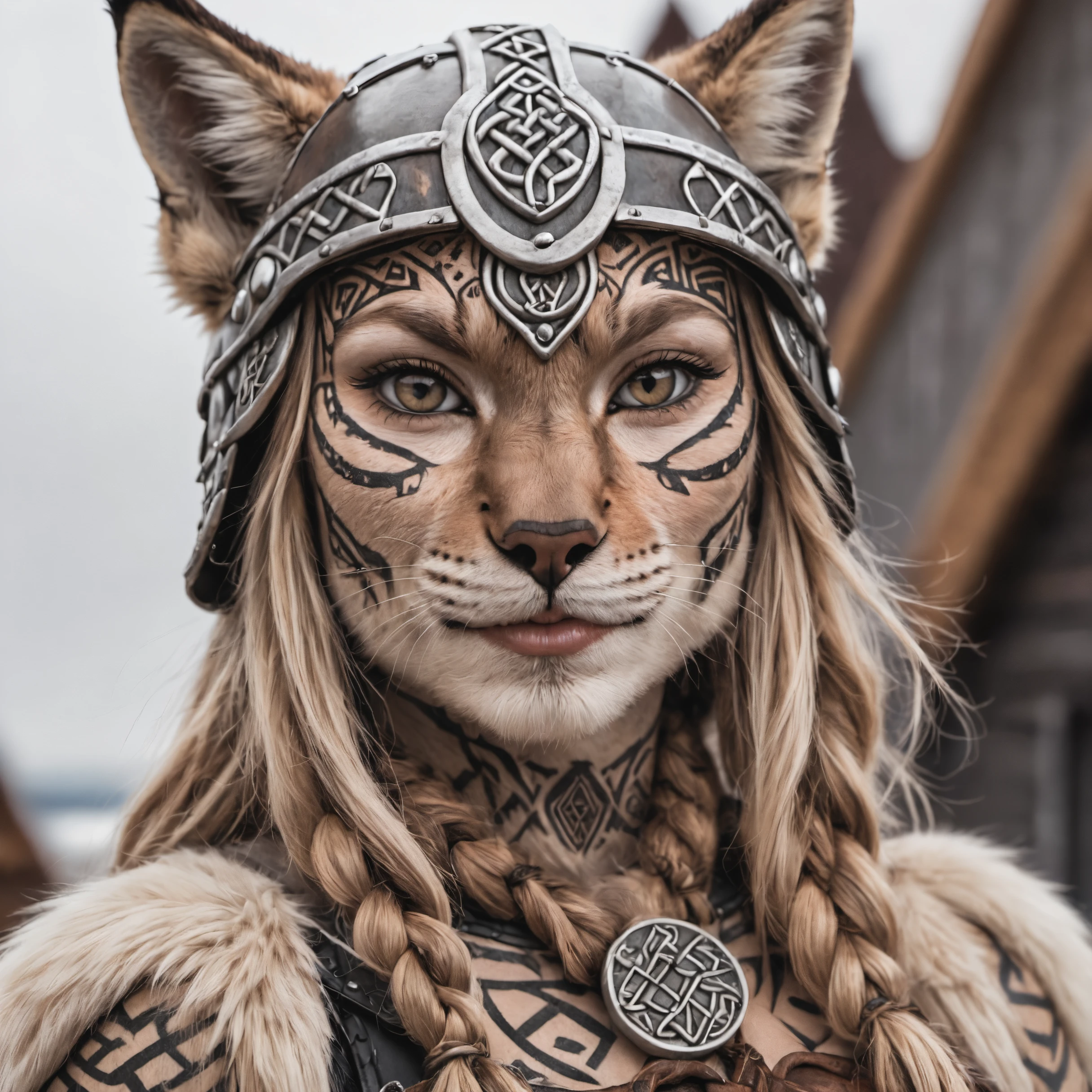 closeup, portrait photo of an anthro lynx viking female , Nordic knotwork tattoos, wearing a helmet with Nordic runes
