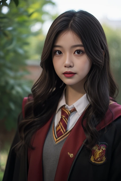ltra-detailed,highly detailed,best quality,masterpiece,illustration,realistic,photorealistic,
1girl, solo, cosplay,
gryffindor uniform, hogwarts school uniform,
looking at viewer, upper body,
outdoors, photo background,
<lora:gryffindor uniform_v1_07:0.7>