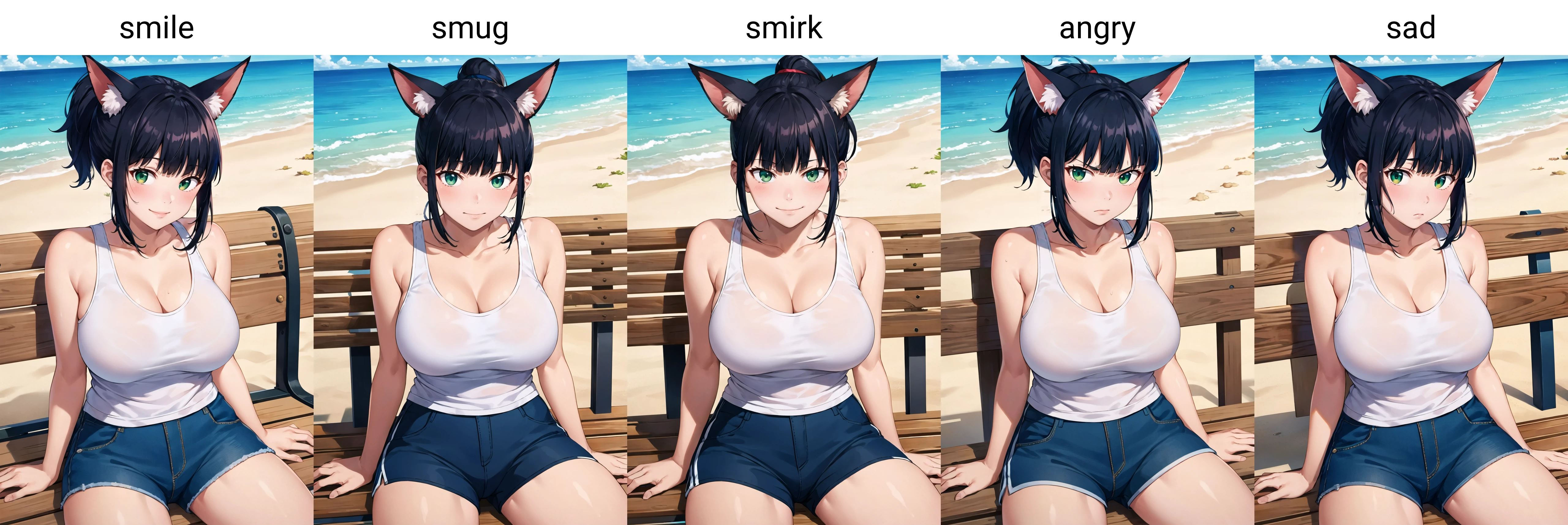 masterpiece, best quality, 1girl, solo, sitting, on bench, outdoors, beach, tank top, (white tank top:1.2), (black hair:1.2), green eyes, (smile), ponytail, blunt bangs, short hair, huge breasts, blue shorts, fox ears,  <lora:shono-kotaro-Style:1>