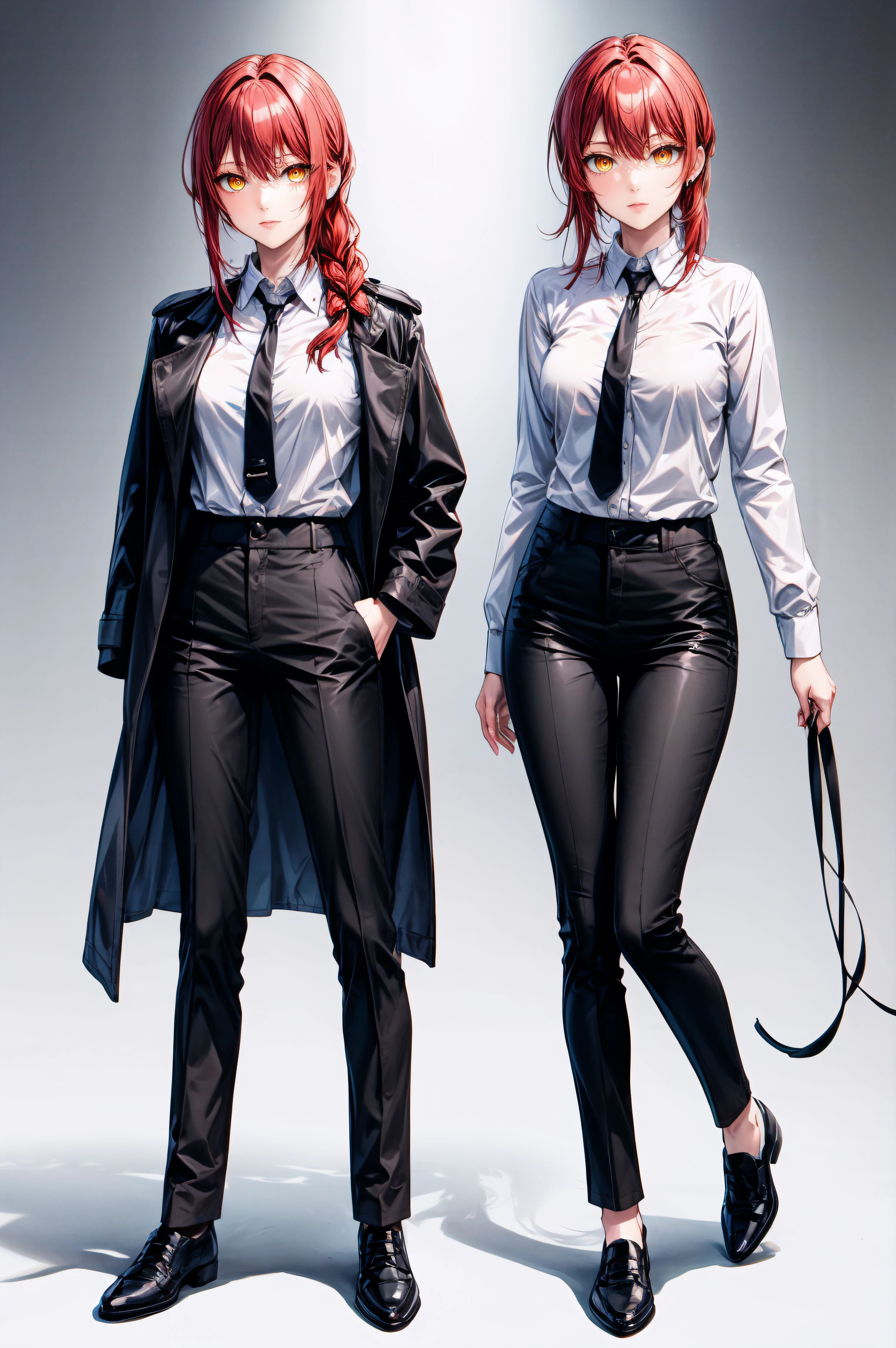 (masterpiece, best quality), <lora:makima-lora-Faxtron:0.8> makima, yellow eyes, ringed eyes, red hair, braided ponytail, medium breasts, long sleeves, white shirt, black pants, black necktie, black shoes, black coat,
<lora:add_detail:0.8>,
