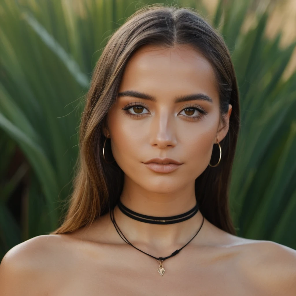 Skin texture, no makeup, Super high res closeup portrait photo of a stunning woman outdoors with straight hair, wearing a small string choker around her neck,f /2.8, Canon, 85mm,cinematic, high quality,looking at the viewer,   <lora:ismerced_xl_4_standard_merger_29prev_20_37_04_03_03:1>