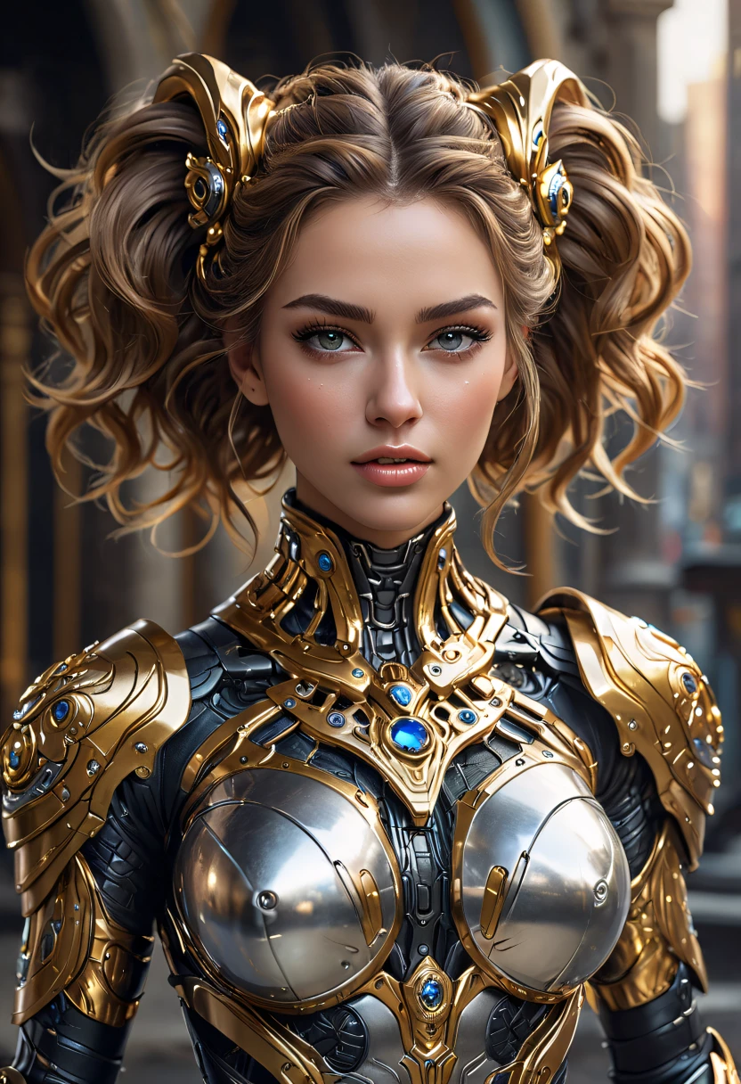 cybernetic style A breathtaking thrilling glimpse into the future, cybernetic Tiger Queen and her Mechanized Companion, the regal monarch dons luxurious gold adornments, her expression poised between fierce determination and irresistible charm. State-of-the-art robotic tiger, seamlessly combining cutting-edge technology with raw animalistic power. Futuristic throne room in the background. Finest wires, gears, servos, and artificial muscle fibers. Intricately textured wavy hair tumble into a tousled bun, revealing subtle wisps framing her face. An elaborate, hyperrealistic environment surrounds our subjects, imbuing depth and context to this incredible vision. A fascinating world where advanced engineering meets unparalleled elegance. style of Neil Blevins, style of Pablo Carpio, . futuristic, technological, cybernetic enhancements, robotics, artificial intelligence themes,