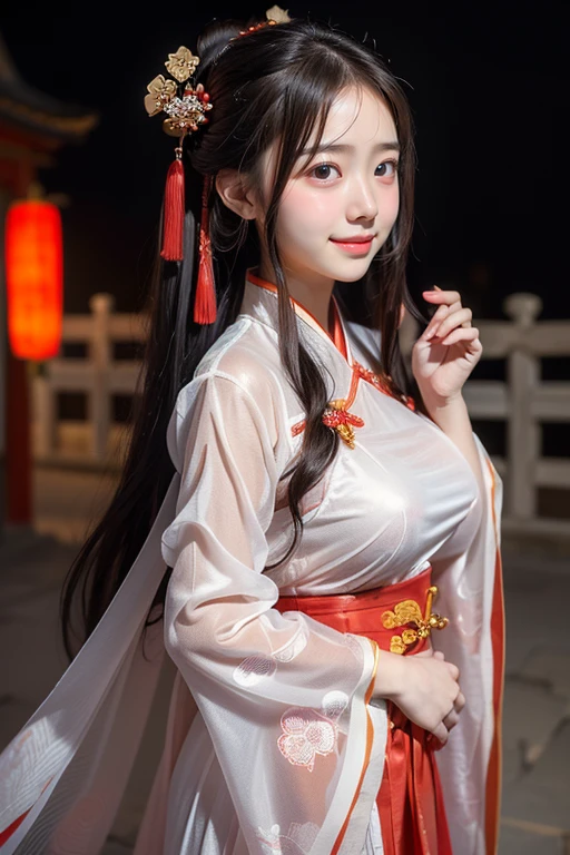 (((masterpiece))), (((best quality))), (((half body photo))), (((closeup))), solo, 1girl, smile, longhair, ribbon, ((light red see through complex pattern chiffon hanfu))), (((big tits))), (((petite figure))), (((ancient china palace))), ((night lighting)),