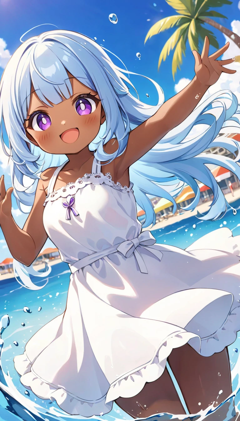 hyper quality, dark-skinned young 1girl, cute face, light blue hair, long hair, blunt bangs, detailed purple eyes, eyelashes, wearing sleeveless white summer dress, enjoy playing in water, water splash, smile, open mouth, beautiful beach, resort town, daytime,