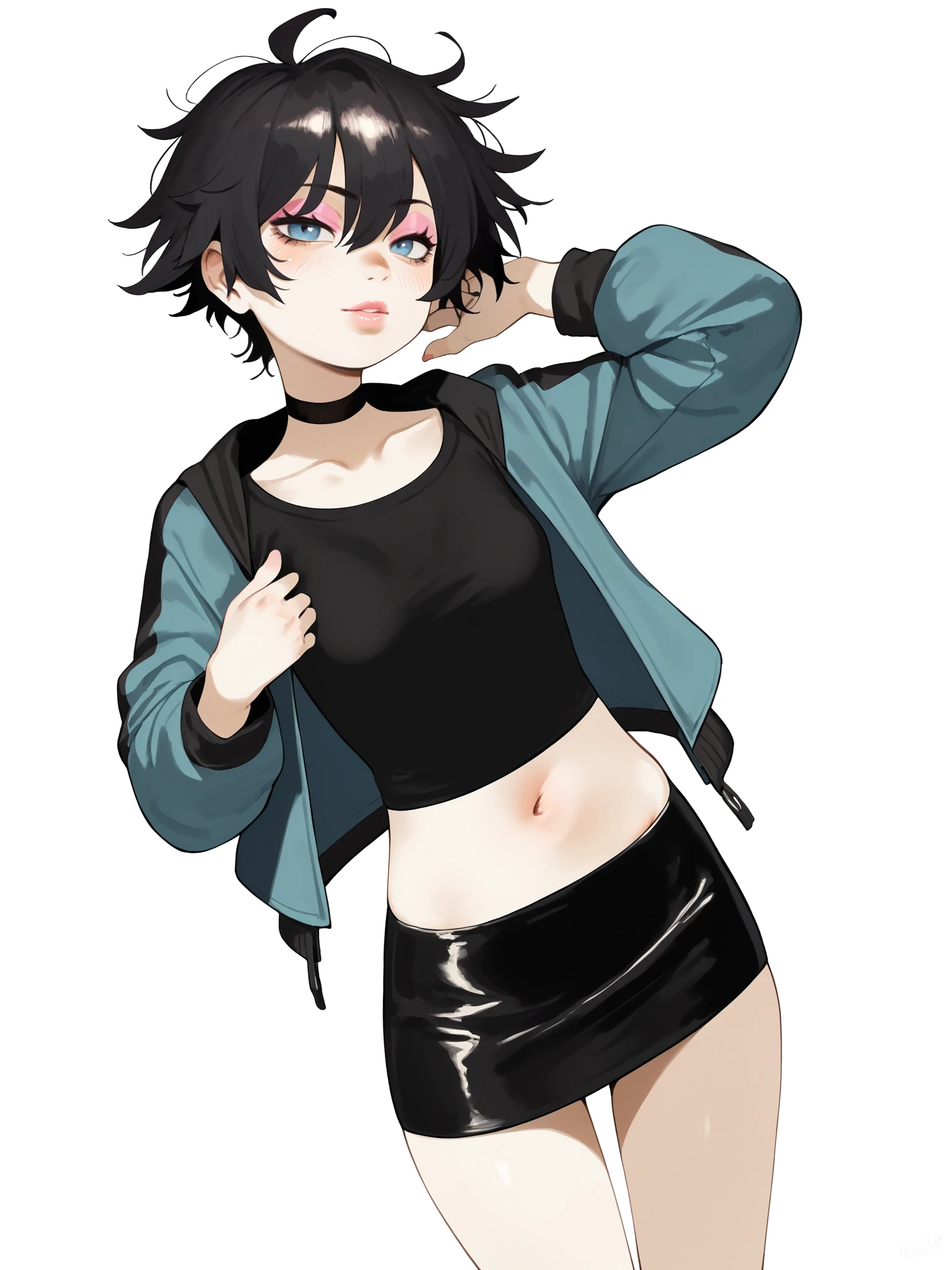 Black Hair、short hair、smile、、girl、Small breasts、、low length、pale red eyes、skirt、Spread your legs、White underwear、You look feels good