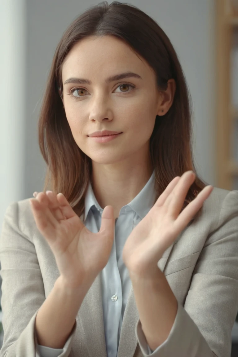 1girl,(open hand:1.2),neutral background with soft lighting,subtle office setting,daytime,(looking directly at the camera:1.2),close-up shot,approachable and confident,nice hands,perfect hands,8k,Best quality,realistic style.,<lora:HandFineTuning_XL:0>,