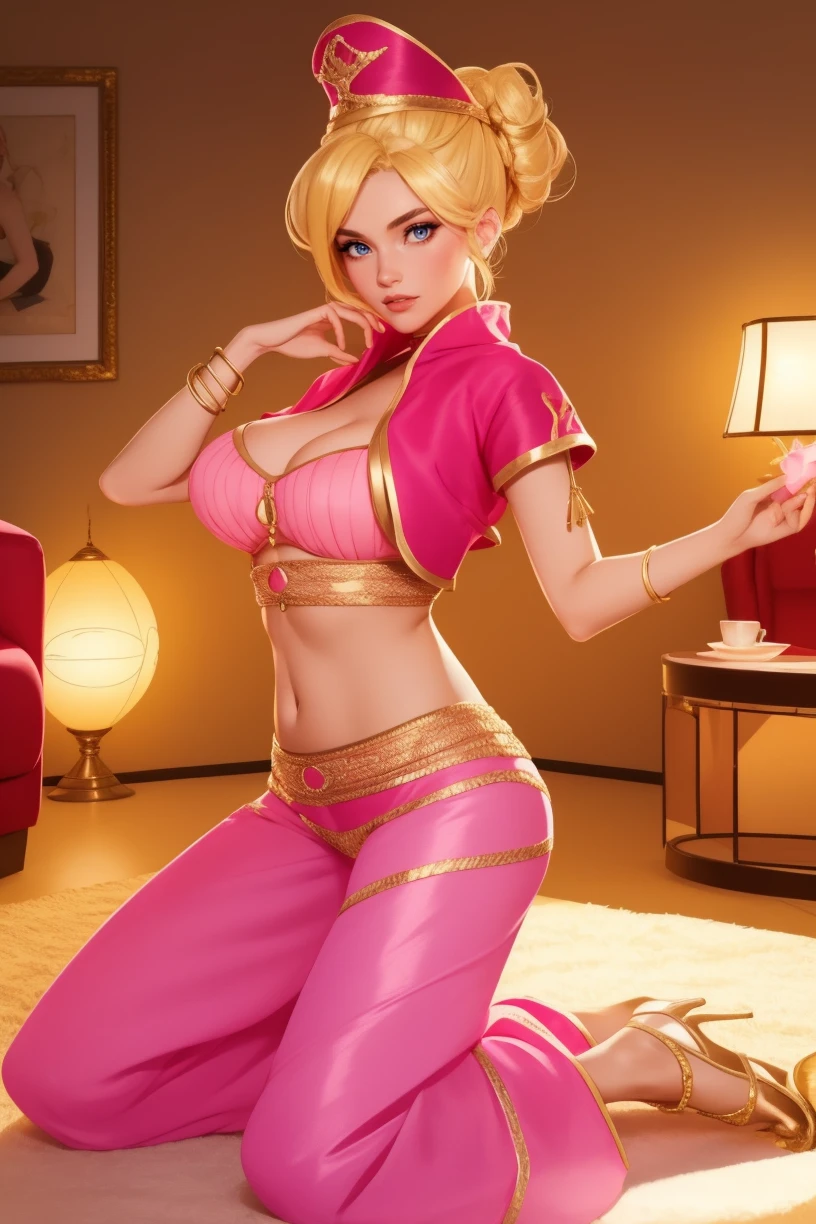 mature female, (full body:1.3), eyeliner, (blonde hair updo), wearing pink genie giab_1, crop top shirt, red crop jacket, sheer harem pants with elastic cuffs, high heels, gold embroidery, hat, <lora:giab_1-15:0.6>, (living room background), holding a gold lamp, kneeling