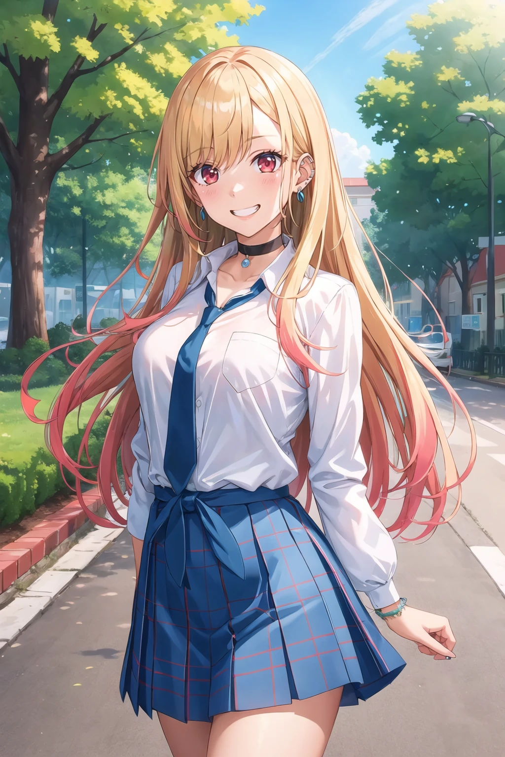 masterpiece, best quality, highres, kitagawa marin, 1girl, blonde hair, long hair, multicolored hair, red eyes, jewelry, earrings, piercing, school uniform, white shirt, tied shirt, black choker, blue necktie, plaid skirt, <lora:kitagawa_marin_v1-1:0.7>, grin, smile, standing, cowboy shot, outdoors, blue skirt <lora:rokushou-Style_1382560:1>