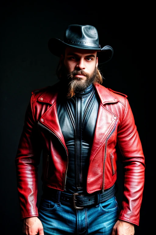 best quality, vivid colors, high contrast photo of a man with a beard wearing a leather biker hat and leather harness <lora:HairyAlpha:1> hairyalpha <lora:more_details:.8>