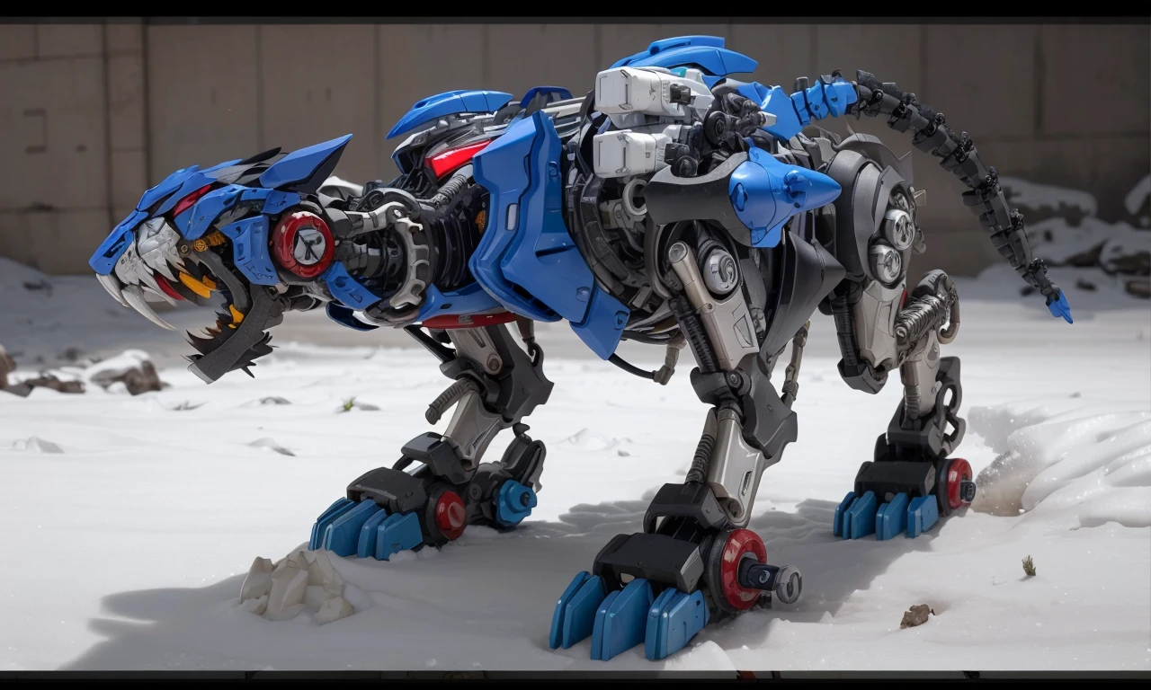 tgrzoid2024, 4 legs, robotic head, mecha, cybernetic, cyberpunk, armor, armored head, quadruped, mechanical tiger, best quality, zoids, new york city, blue metal