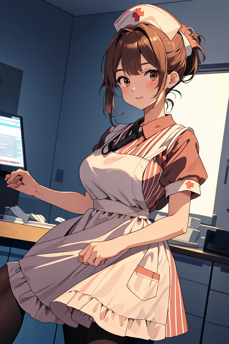 (RAW photo, best quality), 1girl, operating room, overhead surgical light, dslr, blurred background, focused,
 <lora:Klaviana_V1.0-000006:0.6> (klaviana,brown hair, brown eyes,folded ponytail, 1990s (style)), 
<lora:0- CL - Classic Nurse Old V2:0.8> nurse_old_style_01, apron, nurse cap, short sleeves, striped dress, puffy sleeves, vertical stripes, nurse, white apron, puffy short sleeves, pantyhose,