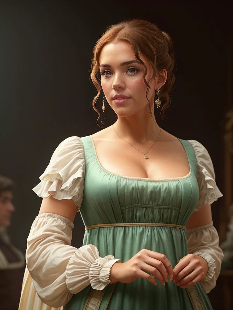 [isla fisher|jessica alba] wearing a regency period dress, light hearted, wonder, awe, happy, humorous illustration, hyperrealistic, big depth of field, colors, 3d octane render, 4k, concept art, hyperdetailed, trending on artstation, professional majestic oil painting by Greg Manchess, Atey Ghailan, Fenghua Zhong, Jeremy Mann, Greg Rutkowski, Antonio Moro, [isla fisher|jessica alba] wearing regency period dress, fashion trending on ArtStation, trending on CGSociety, dramatic lighting, dawn, refraction, Unreal Engine 5, rule of thirds, Hasselblad x1d, sharp focus, insane level of detail, photography, high detail, pores, sweat, realistic skin <lora:Regency_Period_SD1.5:0.7>