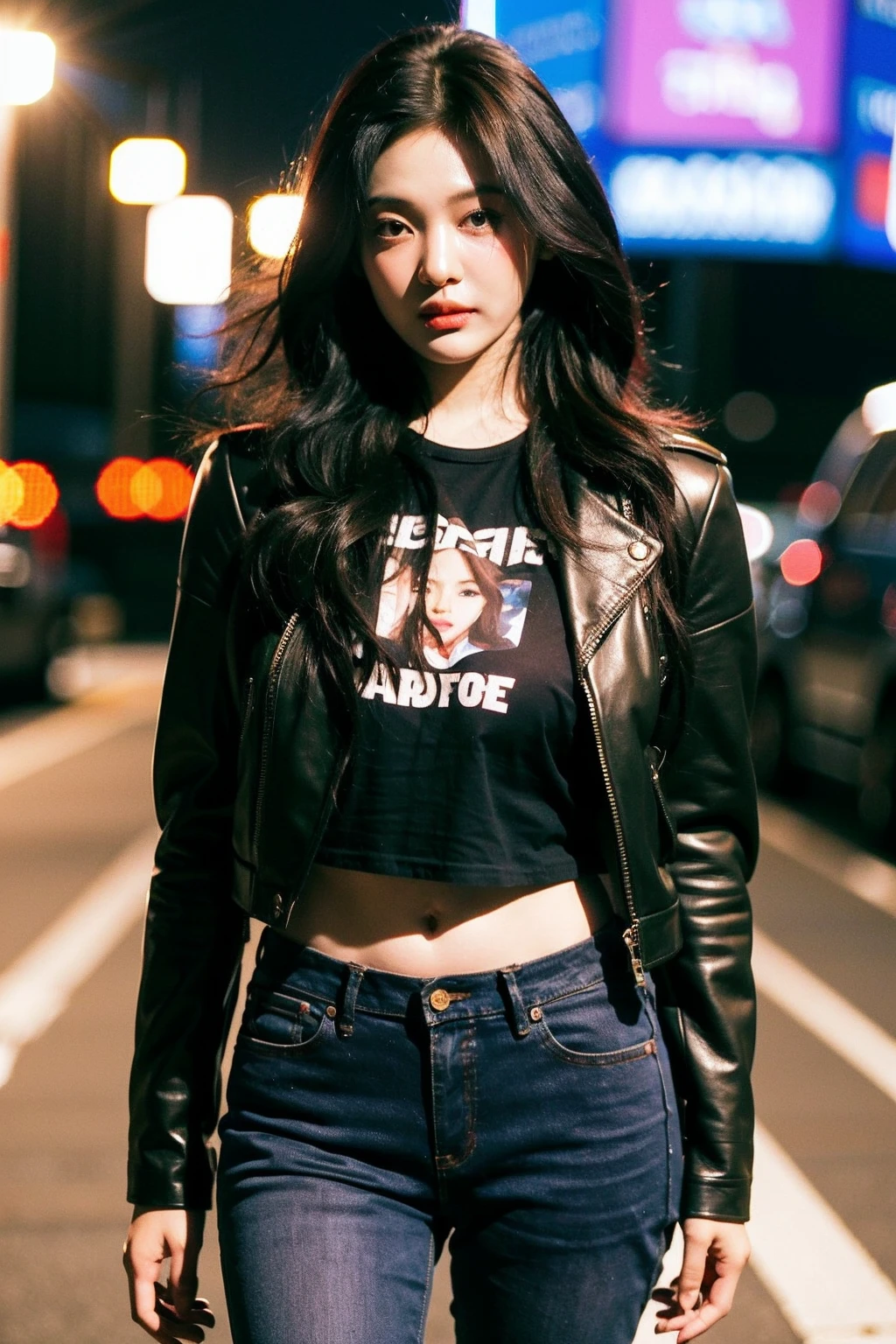 Best quality, masterpiece, ultra high res, (photorealistic), raw photo,1girl, skinny, cowboy shot,solo, realistic, looking at viewer, long hair, bokeh background, city streets,brown eyes, tshirt, jeans, navel, leather jacket, <lora:makina69_ningning_v1.0:1>, long wavy hair