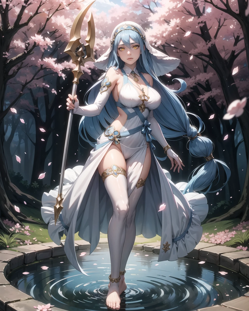 1girl, detailed, masterpiece,HDR, detailed sharp, best quality,
solo,
looking at viewer,
cherrmous style, illustration,
large breasts,
barefoot,
Azura_DG, yellow eyes, blue hair, bangs, very long hair,
anklet, fingerless gloves,white dress, veil, jewelry,pendant, detached collar, detached sleeves,single thighhigh, white pelvic curtain,
outdoors, nature, forest, petals, cherry blossoms, midair,
magic, hydrokinesis, holding weapon, polearm,
<lora:Azura_DG-v01-000003:0.80>