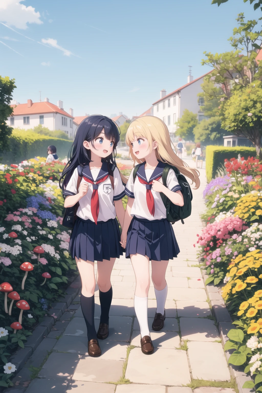 2girls, school uniform, walking, colorful garden flowers, red mushroom, blue sky, happy, looking each other, bagpack, cobblestone, long hair