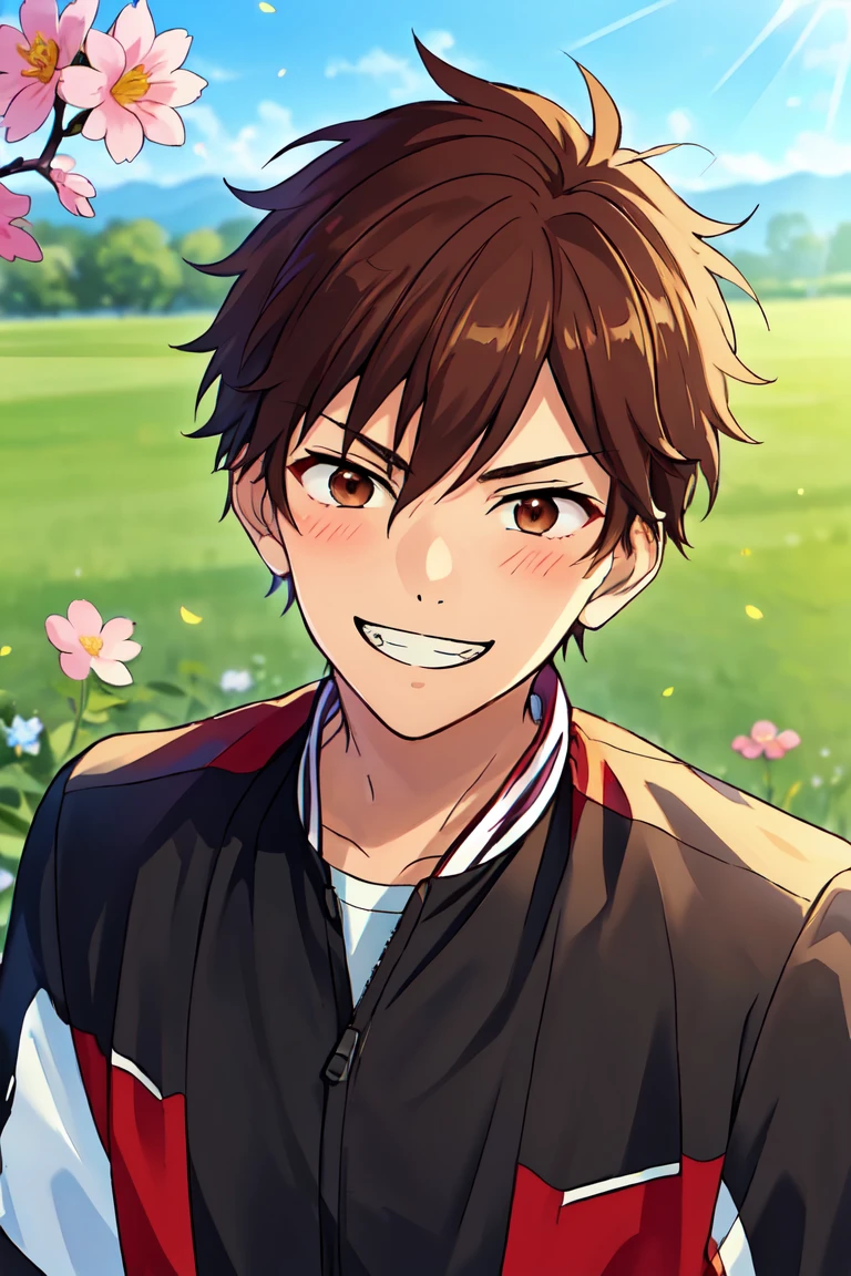 (((best quality, high resolution, masterpiece, very detailed))), <lyco:husbandoLocon_v4:0.7>, anime screencap, 1boy, solo focus, male focus, short hair, depth of field, muscular male, outdoor, smile <lora:Chiaki_Morisawa:0.7> chiakimorisawa, brown hair, brown eyes, spring, field of flower, blushing, ^_^, grin, varsity jacket,