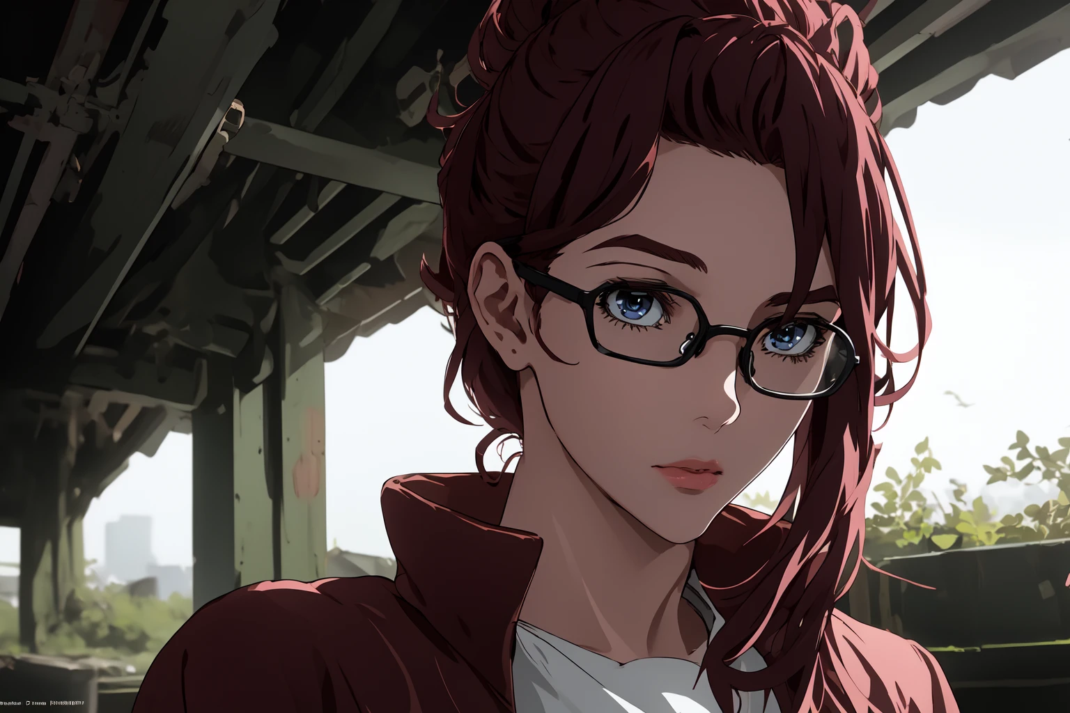 (RAW photo, best quality), 1girl, natural lighting, <lora:gundam_thunderbolt_karla_mitchum_v1_2-000007:1>, karla_mitchum, glasses,
