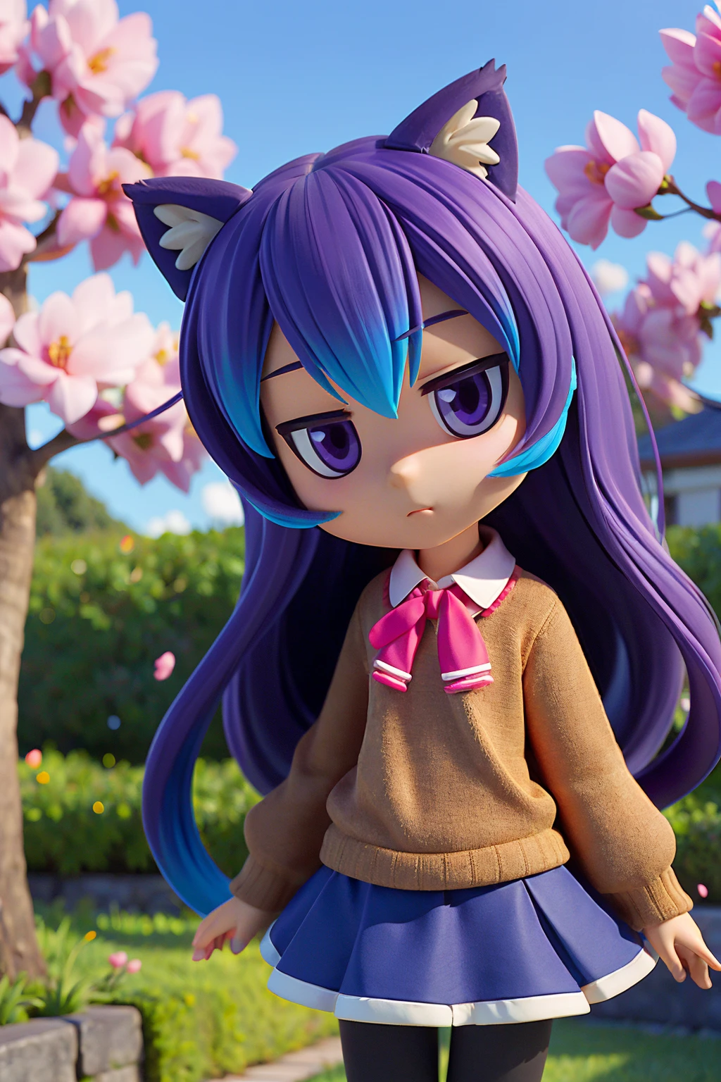 (2d:1.2), wide shot, (dynamic angle:1.1), outline, ((thick lineart)), cover, stylish, official art, (details:1.2), (fantasy), garden, (bloom:1.1), glow:0.2, shadow, nature, cherry blossoms, particles, (depth of field), sharp focus, (volumetric lighting), (bokeh:0.6), film grain:0.4, (soft lighting:1.1), tzummn, long hair, blue hair, animal ears, purple eyes, cat ears, ahoge, school uniform, looking at viewer, skirt, sweater, cat tail, pantyhose, <lora:Miniwa_Tsumiki_10_01:1.0>
