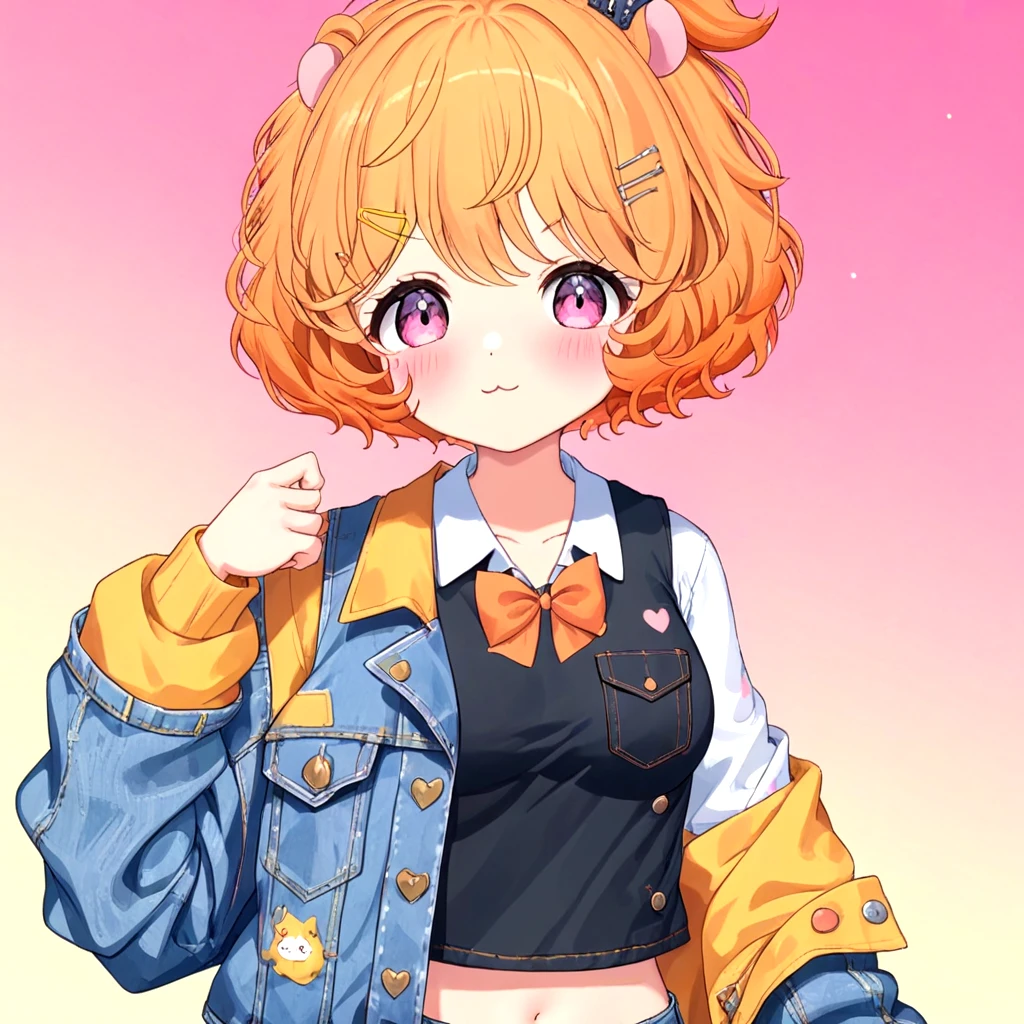 eimi,
solo, :d, black vest, white shirt, denim jacket, jeans, hairclip, breasts, blush, small hamster ears, hamster girl, curly hair, short hair, orange hair, smug, big eyes, (light pink gradient eyes), virtual youtuber, looking at viewer,
<lora:eimi-XL_2-000015:0.8>