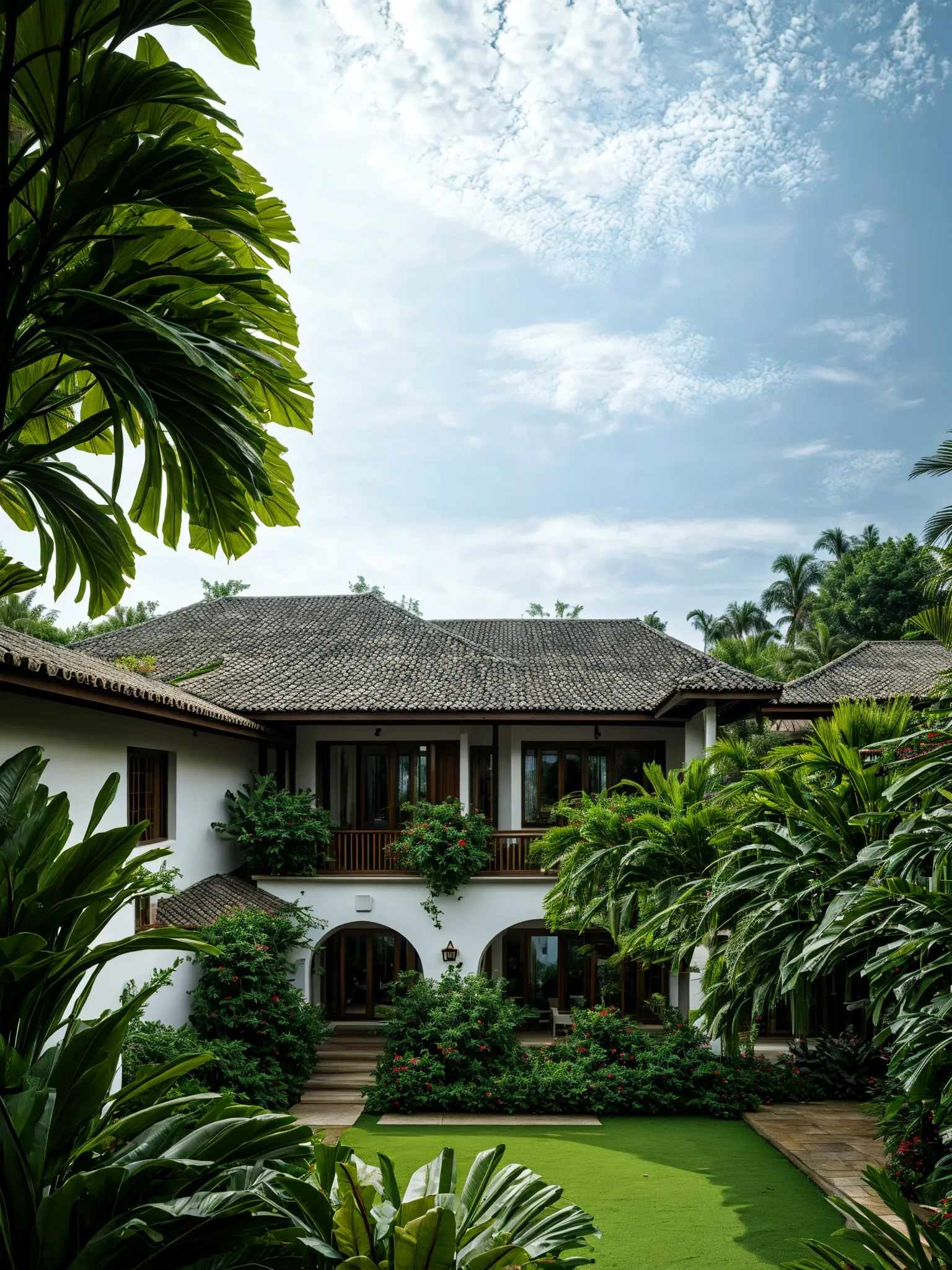 photography, tropical villa, white stucco walls, gable tiled roof, wood column supports, upper level balcony, lush greenery, potted plants, open veranda, overcast sky, wide shot, natural daylight <lora:AIDVN_TropicalHouse_v1:0.6>