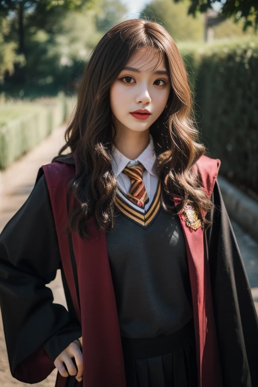ltra-detailed,highly detailed,best quality,masterpiece,illustration,realistic,photorealistic,
1girl, solo, cosplay,
gryffindor uniform, hogwarts school uniform,
looking at viewer, cowboy shot,
outdoors, photo background,
<lora:gryffindor uniform_v1_07:0.7>