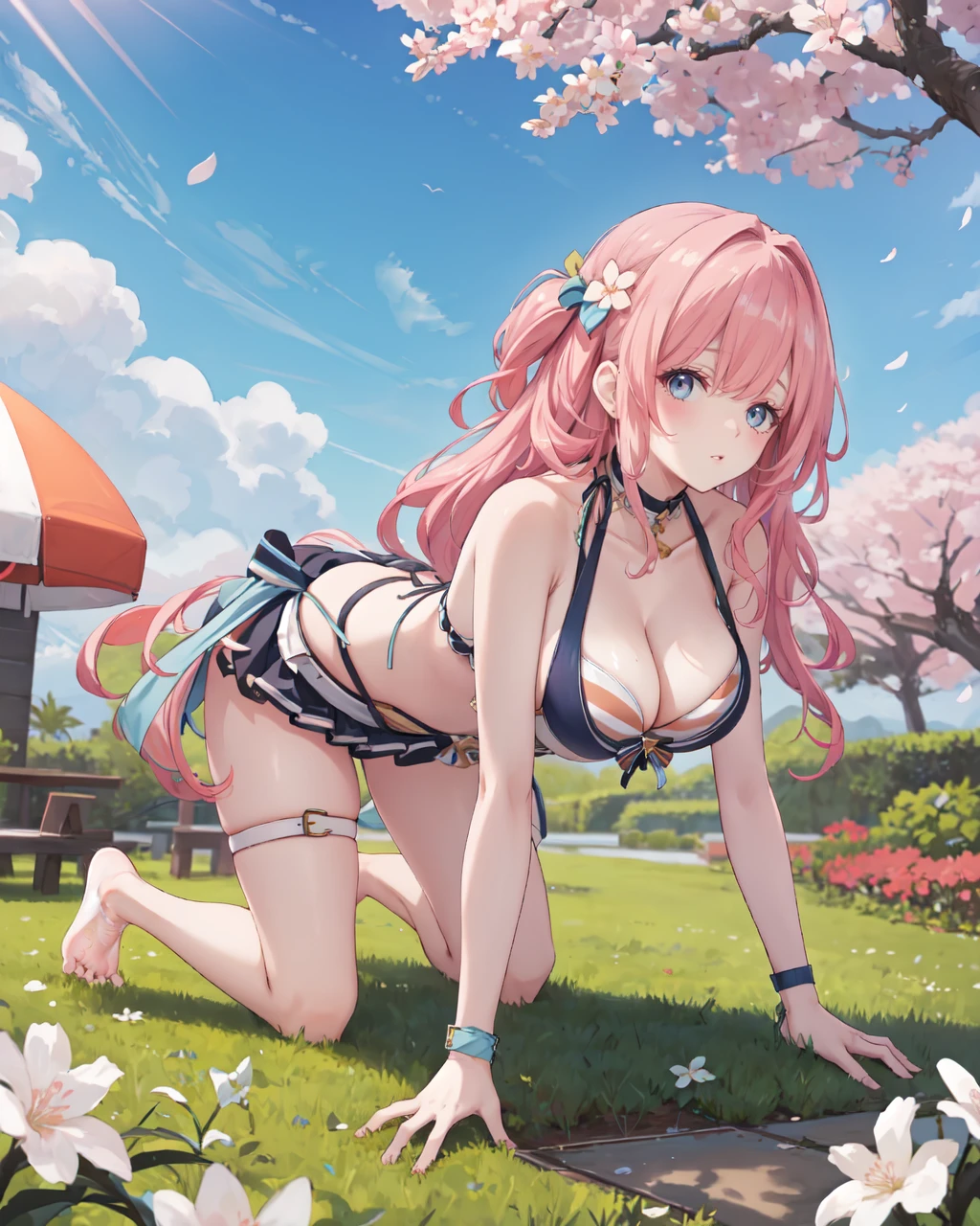 masterpiece,best quality,highres,ultra-detailed,(facing_viewer:1.1), (full body), solo, 1girl, medium_breasts, straight_long_hair, outdoors, garden, cherry blossom trees,all fours,crawling, <lora:SelfTraining_åä½-è¶´è:1>, hololive summer 2023 swimsuit,bikini,bikini skirt, <lora:Outfit_泳衣-Hololive泳衣:0.7>