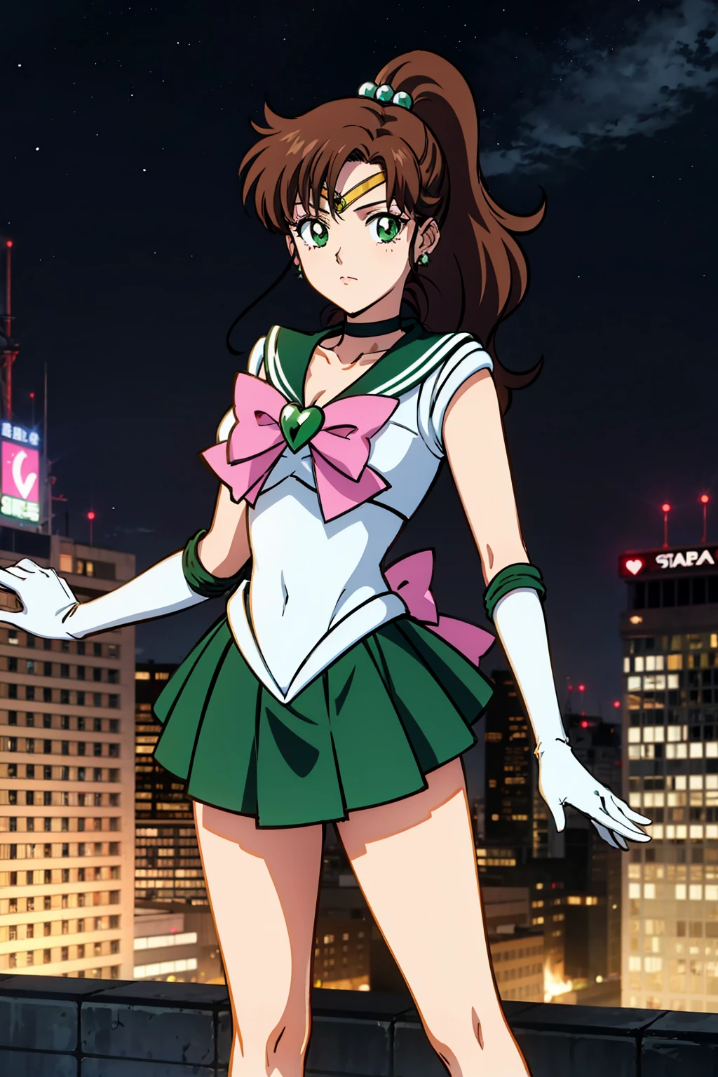 best quality, ultra-detailed, high resolution, 4k,(1990s \(style\),retro artstyle,1990s anime cels style, anime screencap,vivid colors), night, sailor jupiter, sailor senshi uniform, from behind, ass, leotard, green sailor color, white gloves, pink ribbon, ponytail, medium breasts, (clothed:1.3), jewelry, earring, (vulgarity:1.4), (nose blush:1.2),