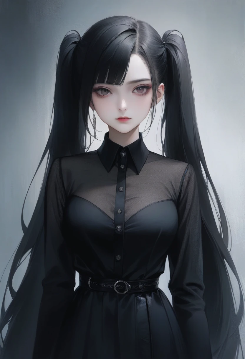 1girl, long hair, large breasts, (realistic:0.2), (gothic:0.9), general, sensitive, see-through shirt, black outfit, inticate, makeup, eyeliner, eyeshadow, black hair, asymmetrical bangs, twintails, absurdly long hair, portrait