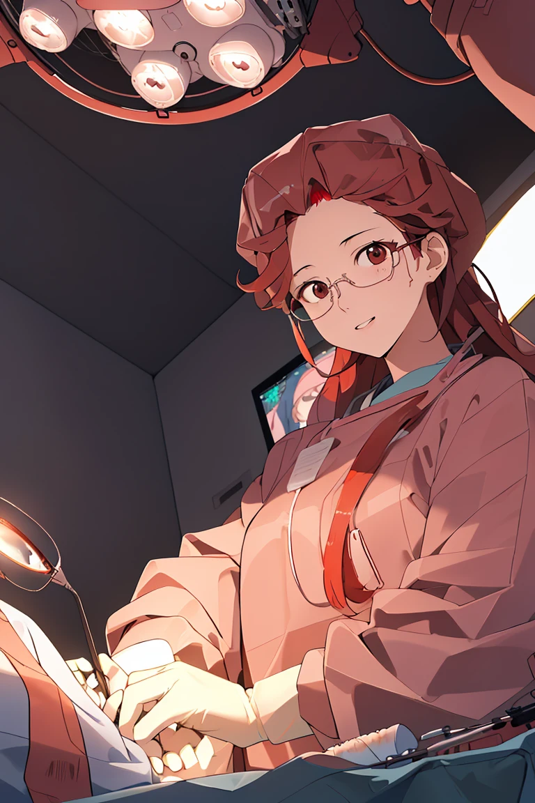 (RAW photo, best quality), 1girl, operating room, overhead surgical light, dslr, blurred background, focused,
<lora:Claudia_Suzuki_V1.0-000006:0.6> (claudia suzuki, mature female, semi-rimless eyewear, red hair, long hair, brown eyes, antenna hair),
long sleeve surgical outfit, surgical mask, surgical gloves, surgical cap,
 <lora:concept_surgery_cap_v1_1:1> surgery_cap, surgical mask, long sleeves,