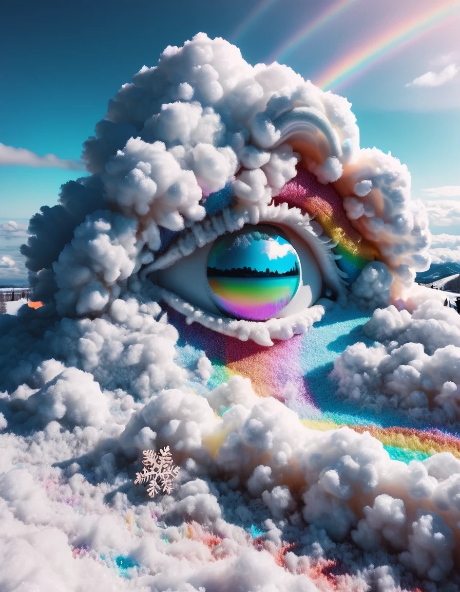 80´s photo filter, glitch, trending on artstation, closeup shot, looking at viewer, ral-bling, clouds made out of ral-decoznow rainbows, film grain, Fujifilm XT3, <lora:ral-decoznow:1> ral-decoznow