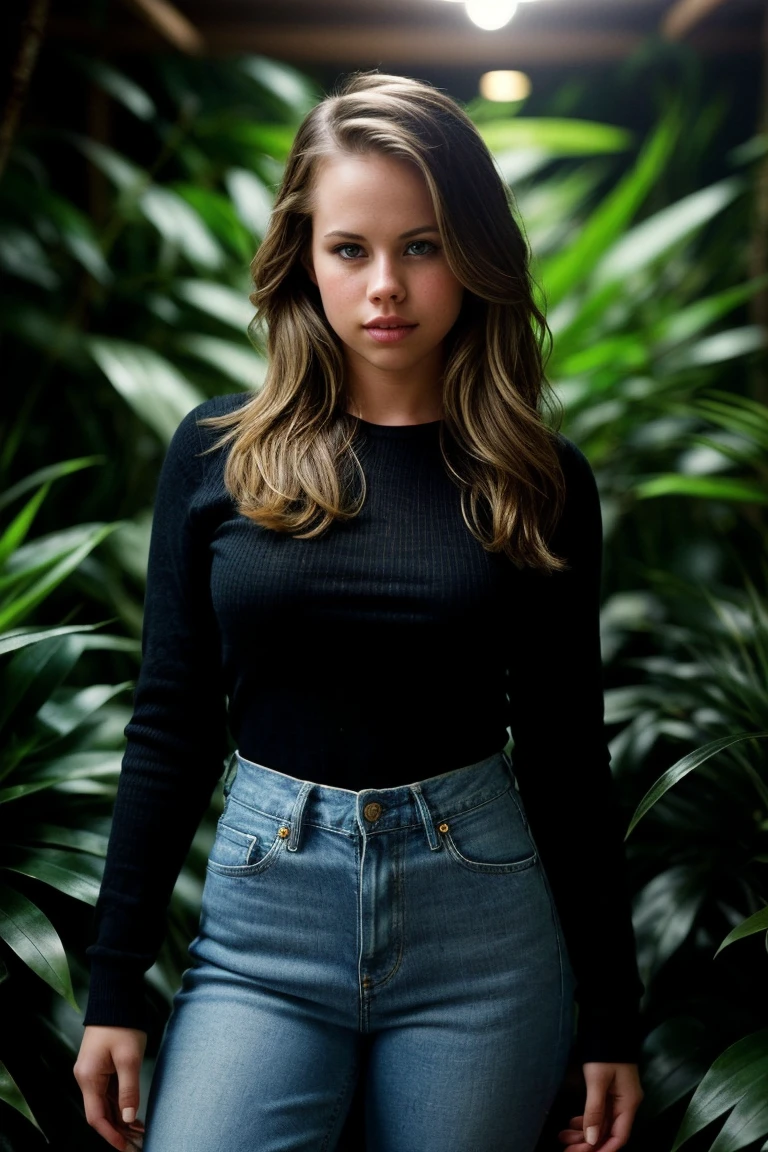 photo of fit (Br1tn3yY0ung-141:0.99), a beautiful woman, perfect hair, (modern photo), Ruffled Shirt, High-waisted Jeans, portrait, 85mm, (analog, cinematic, film grain:1.3), (Bioluminescent Jungle, Dense jungle of glowing plants and creatures.), standing, detailed eyes, seductive pose, painted lips, (epiCPhoto), (looking at viewer:1.1), jewelry, (cinematic shot:1.3), (natural lighting, lit from above), <lora:add_detail:0.5>