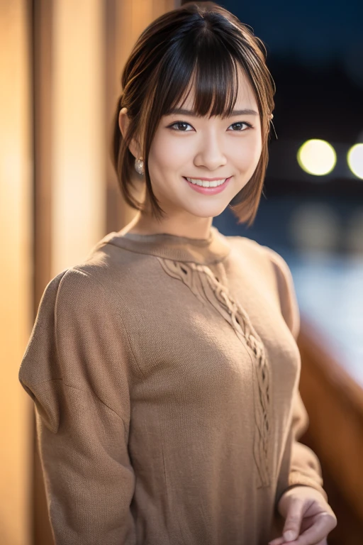 1girl, (long sleeves:1.4),(RAW photo, best quality:1.4), (realistic, photo-realistic:1.4), masterpiece, an extremely delicate and beautiful, extremely detailed, 2k wallpaper, Amazing, finely detail, extremely detailed CG unity 8k wallpaper, ultra-detailed, highres, soft light, beautiful detailed girl, extremely detailed eyes and face, beautiful detailed nose, beautiful detailed eyes,cinematic lighting,(blurry,bokeh backgound:1.6),(night, city:2.0),perfect anatomy,(slender body:1.6),(close up face:1.2),(smile,Friendly, warm:1.6),(looking at viewer:1.8),(japanese idol:1.4), (brown eyes:1.4),(short hair:1.4), (cleavage:0.8), <lora:miyashitasaki_lora-v2_01:0.8>
