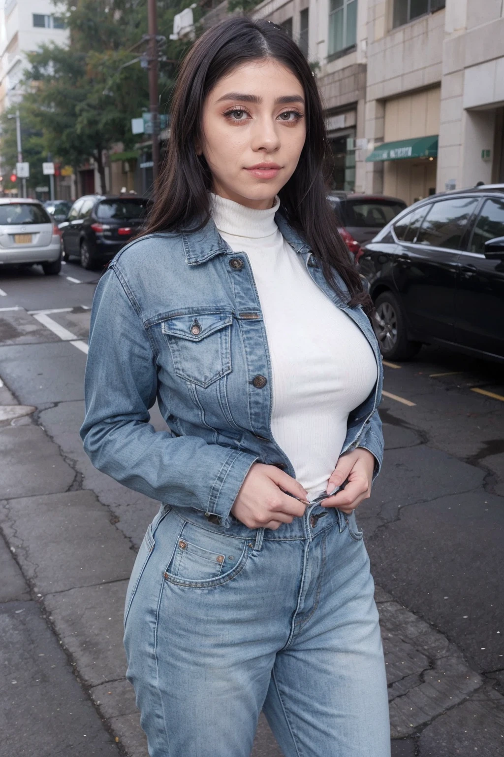 vi0letmyers, a woman wearing turtleneck winter Denim jacket and casual pants <lora:vi0letmyers-000008:0.9>