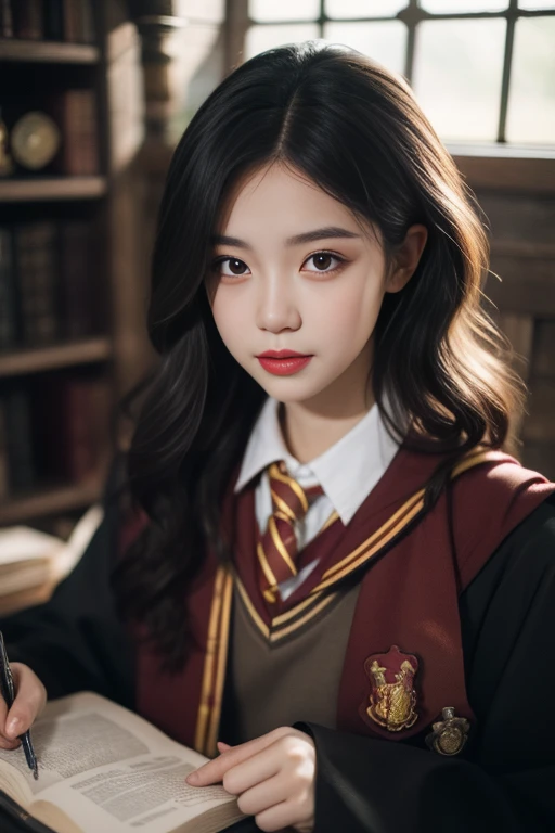 ltra-detailed,highly detailed,best quality,masterpiece,illustration,realistic,photorealistic,
1girl, solo, cosplay,
gryffindor uniform, hogwarts school uniform,
looking at viewer, upper body,
<lora:gryffindor uniform_v1_02:0.8>