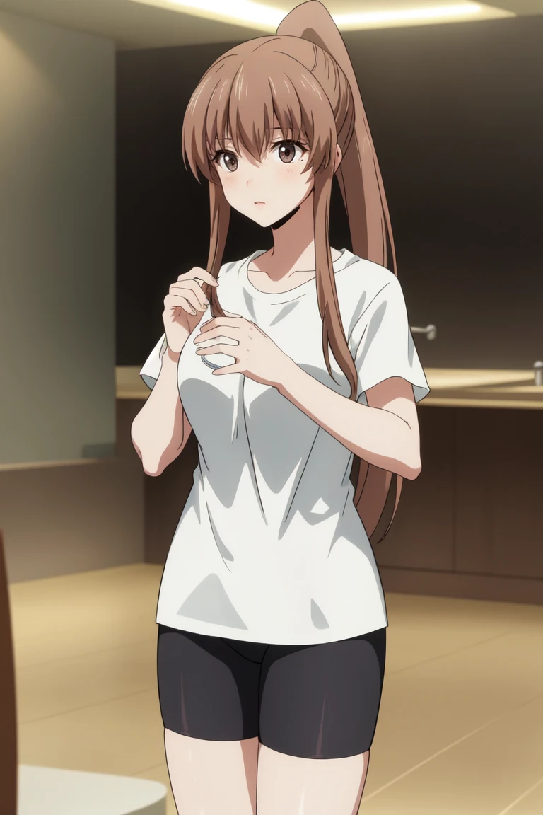 masterpiece, best quality, absurdres, 1girl,  
Kazane <lora:Kazane:0.8>, brown hair, long hair, brown eyes, ponytail, t-shirt, bike shorts,
BREAK  nice hands, perfect hands, <lora:GoodHands-beta2:0.8>, beaufitul hand, beautiful finger, indoors, modern pool, modern interior, tele shot, (perfect anatomy), cowboy shot, [Cinematic lighting|Volumetric Lighting],
