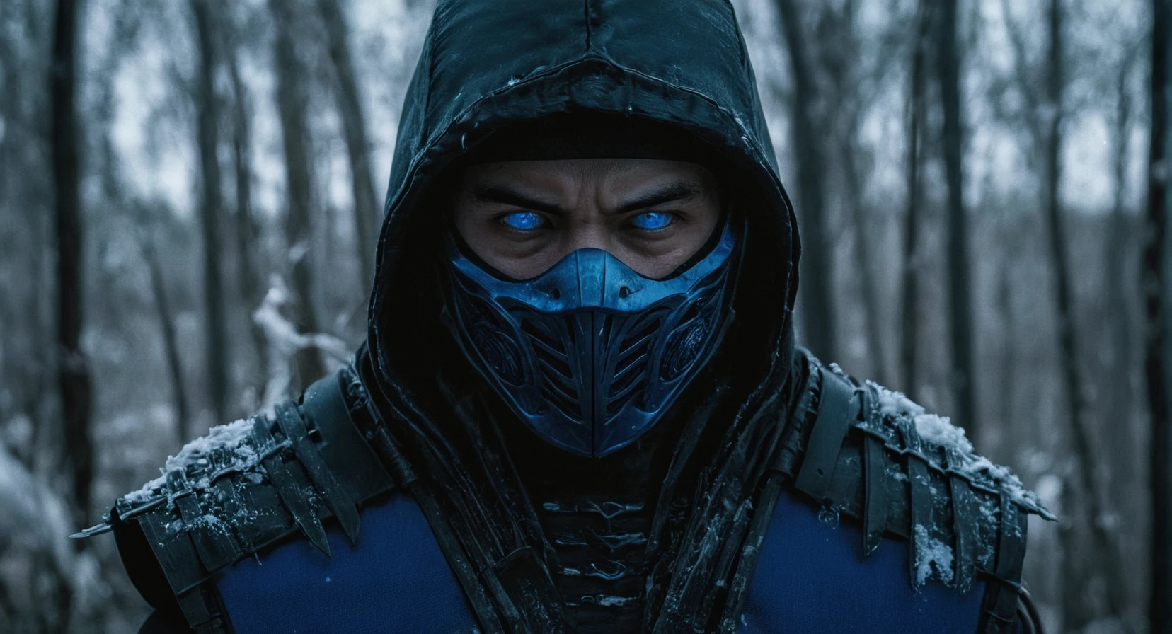 cinematic film still of  <lora:Mortal Kombat style:1>
Mortal Kombat style, fictional universe consisting of numerous realms, a man with half side and half side,a mix between sub-zero and scorpion,with fire and ice,white eyes,ninja costume,closeup,staring at camera,looking at viewer,blue eyes,1boy,weapon,male focus,multiple boys,sword,hood,2boys,gun,mask,glowing,katana,portrait,glowing eyes,hood up , Live-action, white sclera eyes, muscular, fitness, fighters, Action-adventure, brutal and gruesome, Mortal Kombat style, mk style, shallow depth of field, vignette, highly detailed, high budget, bokeh, cinemascope, moody, epic, gorgeous, film grain, grainy